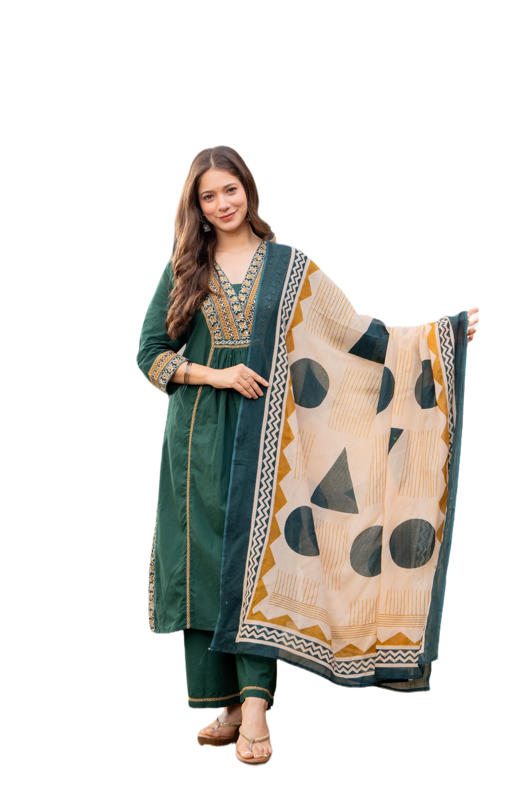 MEERA FAB Women Floral Printed Pure Cotton Straignt V-Neck Kurta with Trousers & Dupatta Green