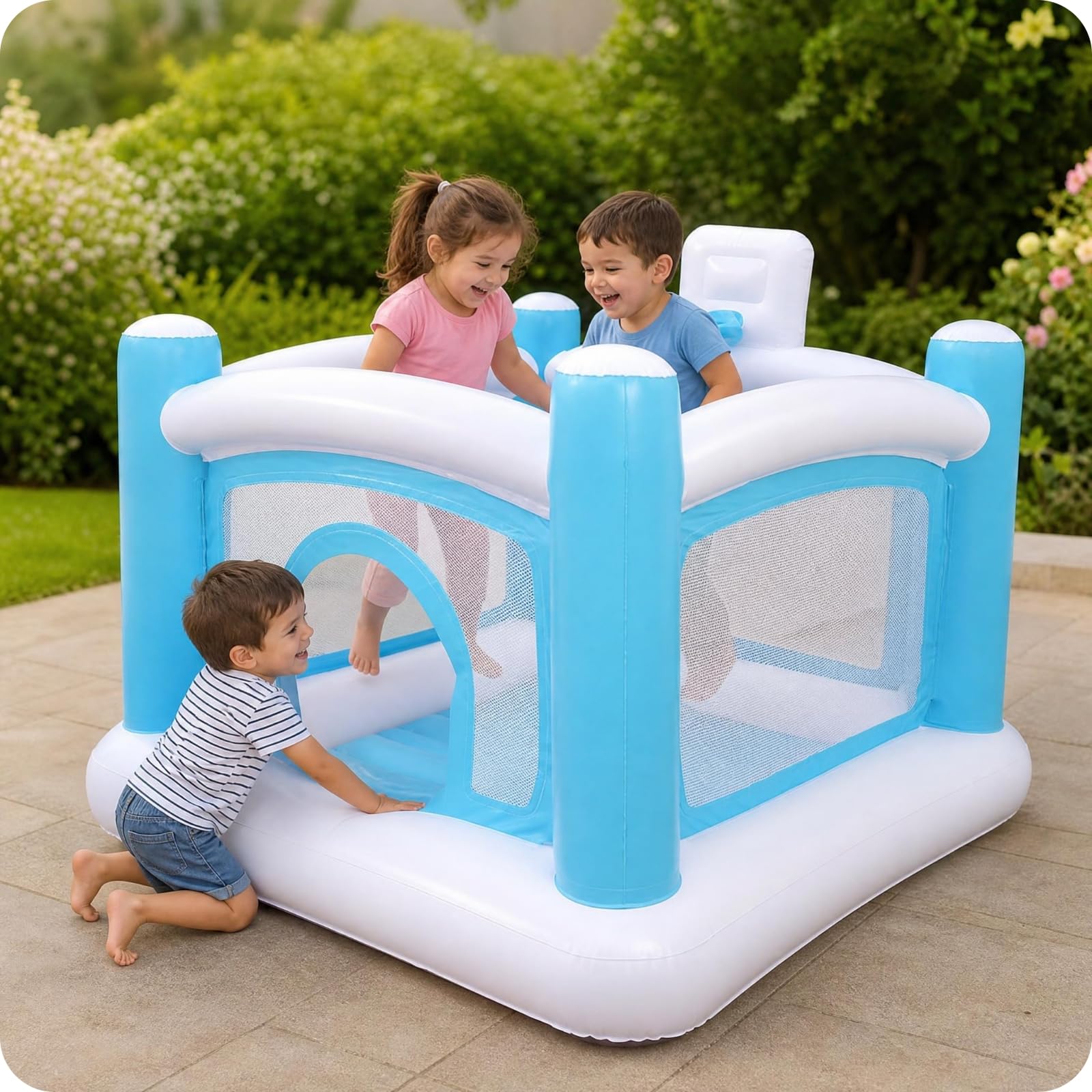 Cama Inflable Infantil Colchoneta Casa Hinchable Castillo Interior Parque de Brincos Panel Trasero con Aro Baloncesto Malla Lateral Ventilada PVC para