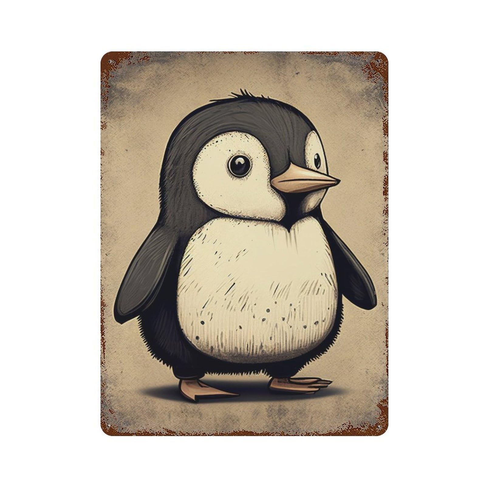Distressed Metal Wall Sign Penguin Cartoon Animal 15.7"x11.8", Vintage Wall Decor for Garage, Bar And Workshop Decor