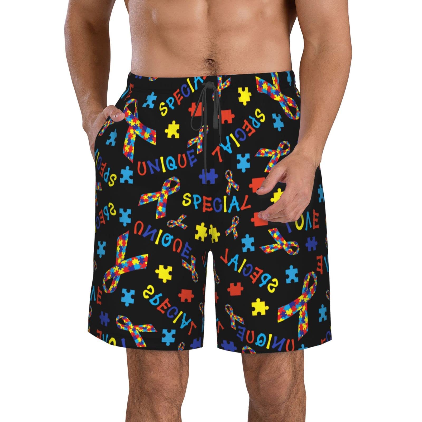 AOOEDM Autism Awareness Men's Swim Trunks Quick Dry with Mesh Lining Beach Shorts Bathing Suit Swimwear