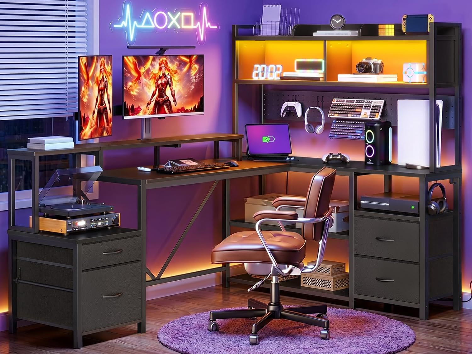 RALGEND 75" L Shaped Gaming Desk with Hutch, L Shaped Desk with Drawers, LED Light, Power Outlets & Pegboard, Corner Desk with Storage Shelves & Monitor Stand for Home Office, Black