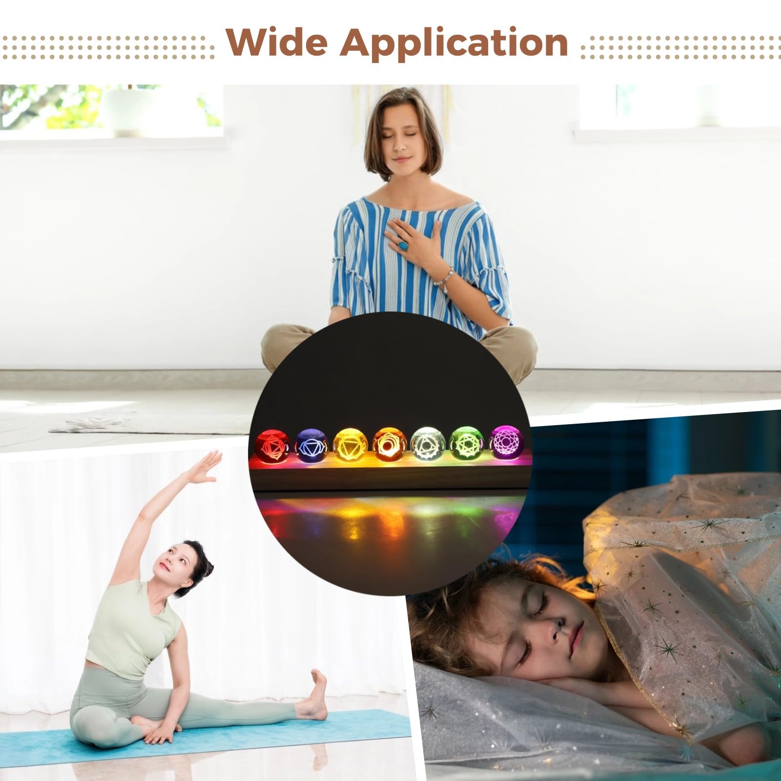 7 Kristallkugeln mit LED-Holzständer, 1,5 Zoll Bunte Glaskugeln-Set mit geometrischen Gravuren innen, Deko für Meditation und sanftes Nachtlicht für Zuhause und Büro