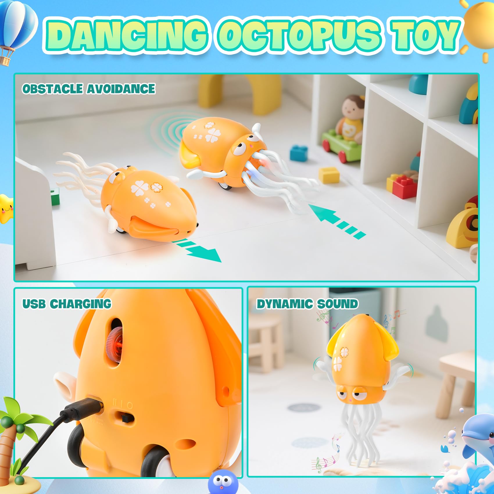 MACALOCA Dancing Octopus Toy, divertente pulpo elettrico danzante giocattolo con LED e musica, Creativo pazzo 8 gambe azione polpo strisciante per sollievo dello stress e bambini (Giallo