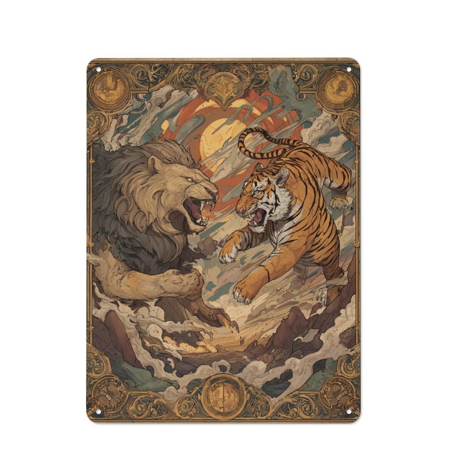 Junmoney Lion Vs Tiger Showdown Printed Metal Sign 40X30cm For Studio Or Craft Room, For Creative-Space Collectors