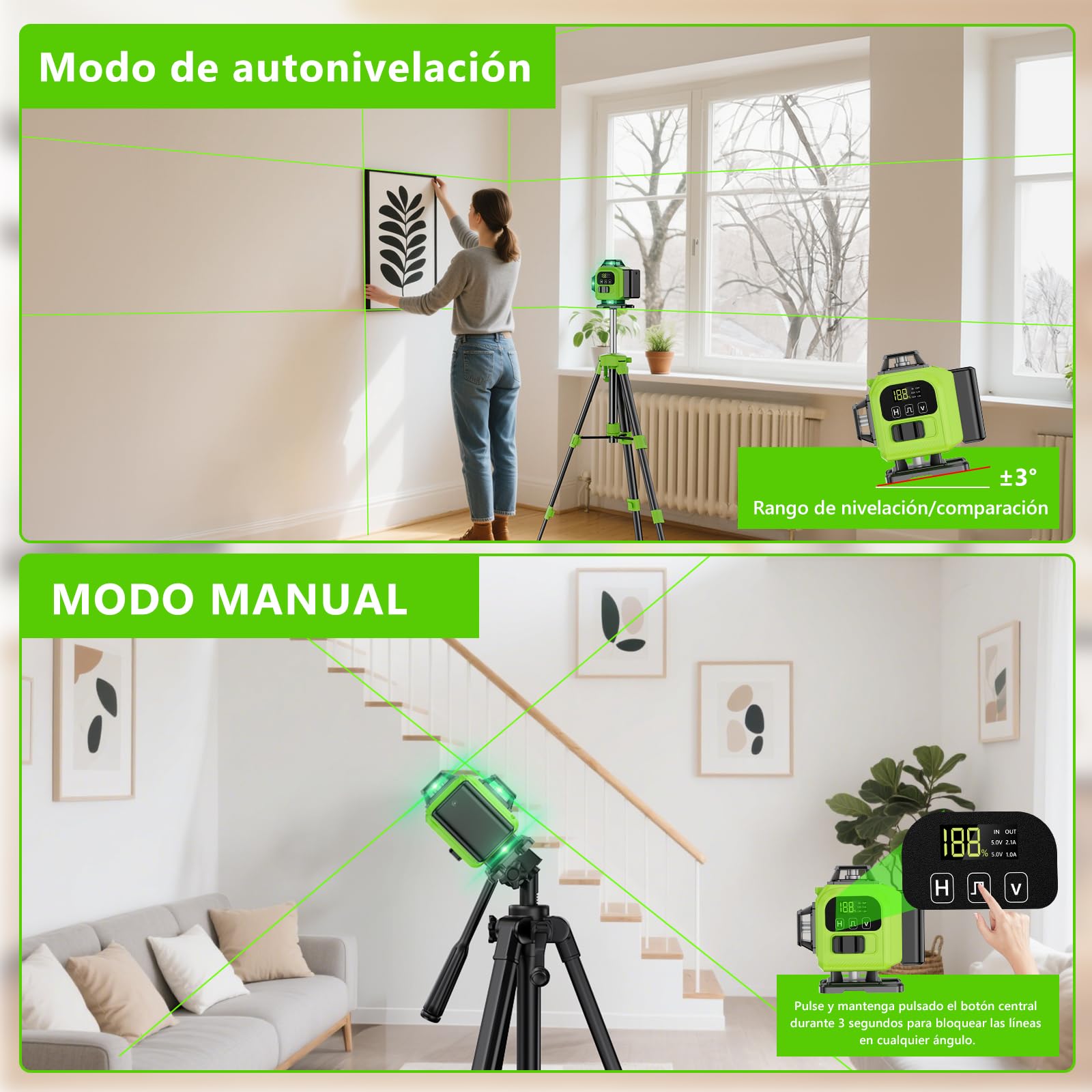 Nivel Laser Autonivelante 360 Grados, Nivel Láser Verde 16 Líneas, 2 x 360 Horizontal y 2 x 360 Verticales, 2 x Batería, Montaje en Pared, Control Remoto, Base Magnética, Soporte Giratorio, Trípode