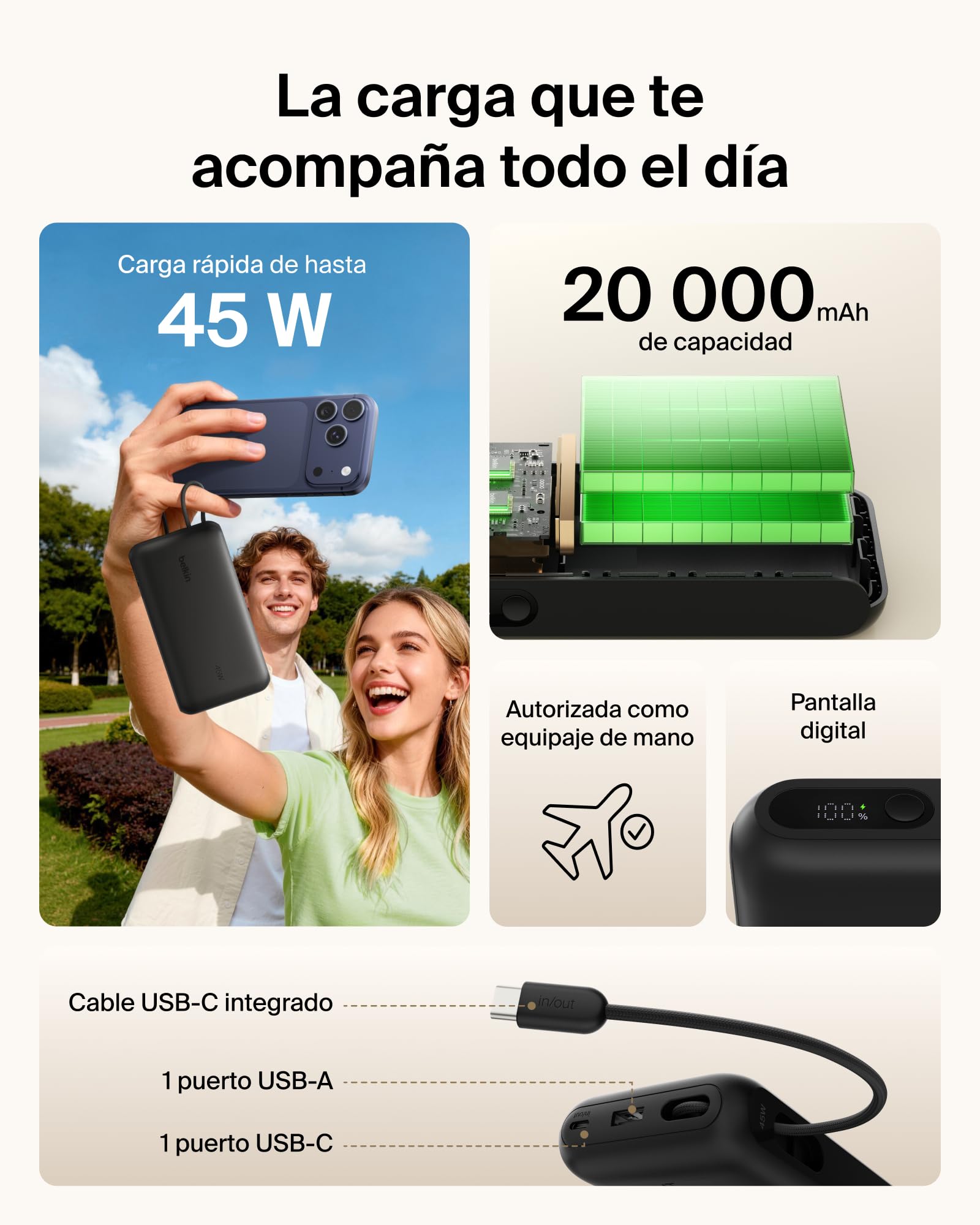 Belkin UltraCharge Batería Externa 20000mAh Cable USB-C y Pantalla - Negro | Power Bank de 20000 mAh, 1 Puerto y 1 Cable USB-C y 1 puerto USB-A, 45 W, LED, Apta como Equipaje de Mano y con Pantalla