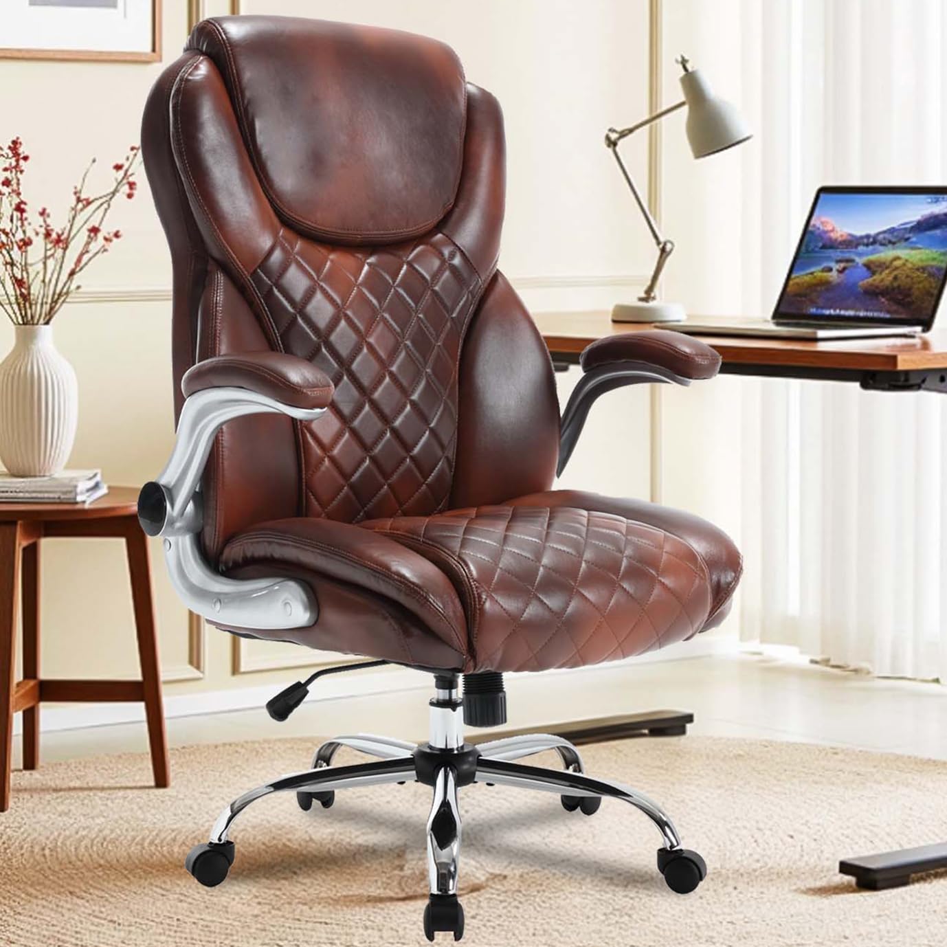 Executive Office Chair Brown, PU Leather High Back Office Desk Chairs with Wheels, 90-120° Rocking Managerial Ergonomic Big Tall Home Computer Chairs with Flip up Arms and Lumbar Support
