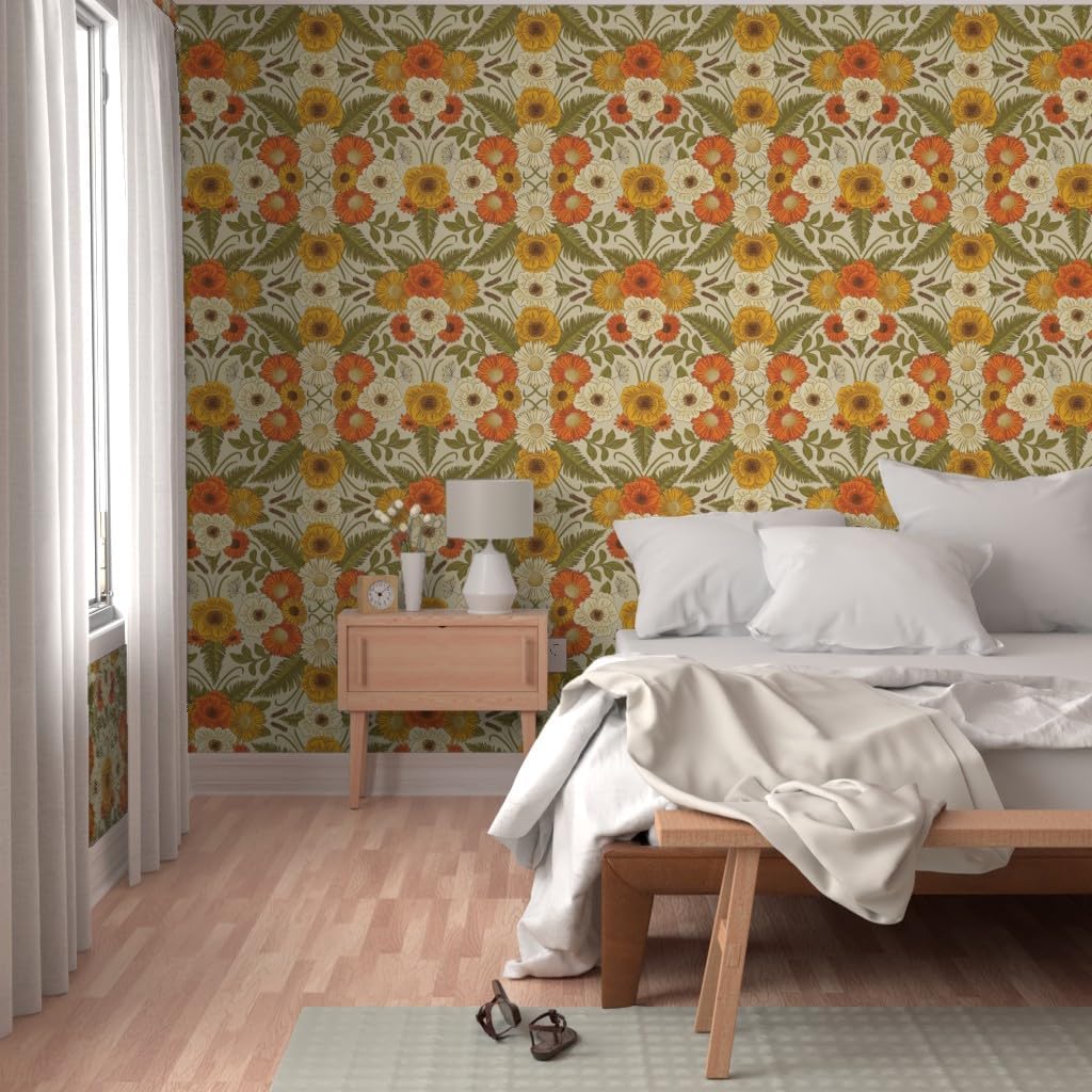 Spoonflower Removable Wallpaper 3ft x 2ft - Retro Floral Vintage Flowers Fashion Custom Pre-Pasted Wallpaper