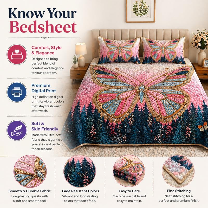 Image of Akshya Double Bedsheet King Size (90x100 Inch) with 2 Pillow Covers | 300 TC Microfiber Soft Bedsheet | Pink Butterfly Floral Printed Bedsheet for Double Bed