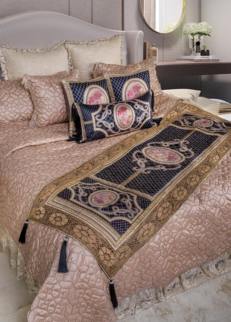 Parure de lit et chemin de lit 5 pièces noir pour chambre double