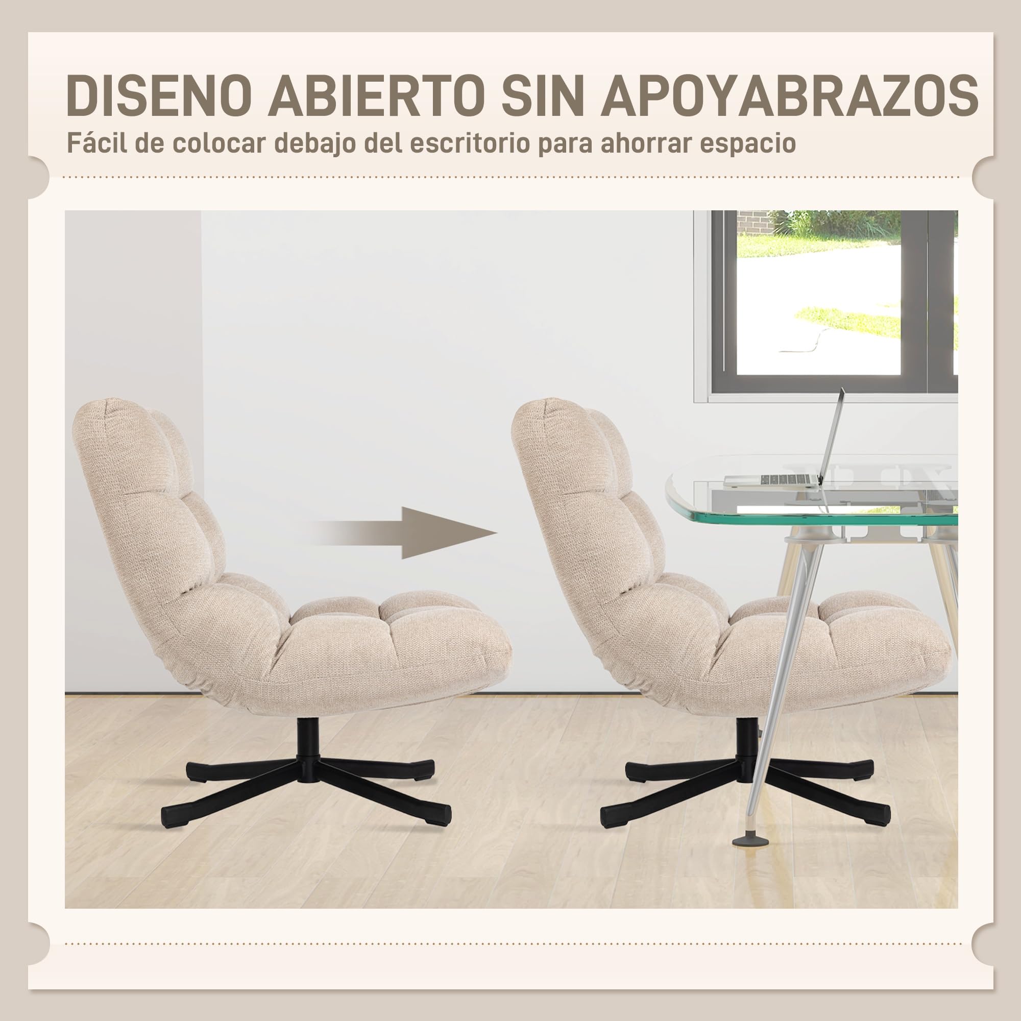 HOMCOM Sillón Giratorio Moderno, Butaca de Salón con Respaldo Plegable, Base de Cruz, Tapizado en Chenilla Impermeable, Asiento Extra Ancho y Patas de Acero, para Sala de Estar, Dormitorio, Crema