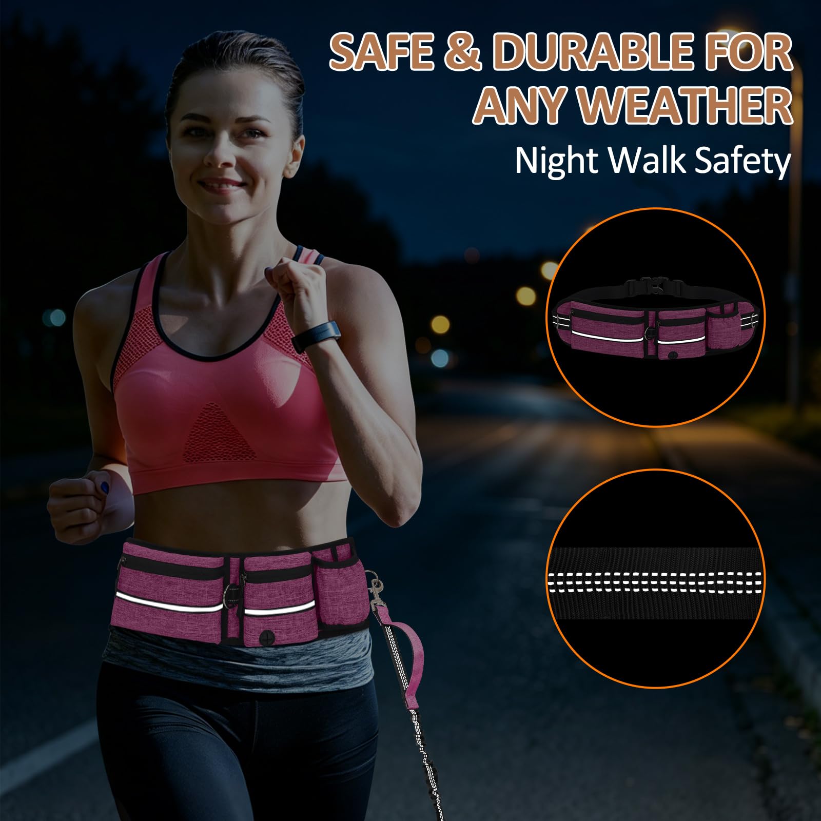 Riñonera Paseo Perro con Correa Manos Libres Elástica, Cinturón Ajustable con Bolsillo, Correa Elástica Desmontable 1.5-2.2m, Cinturón Ajustable y Costuras Reflectantes, Rojo Rosado