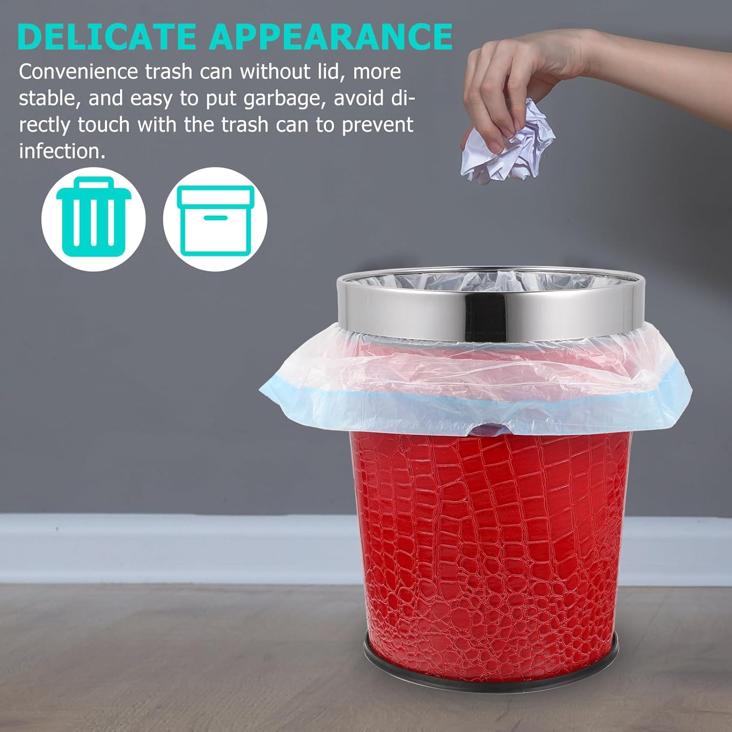 Retro 5L Waste Paper Bucket Bathroom Trash Can, Red Textured Stainless Steel Garbage Can for Hotel Room Without Lid, Vintage Bathroom Wastebasket for Home Use