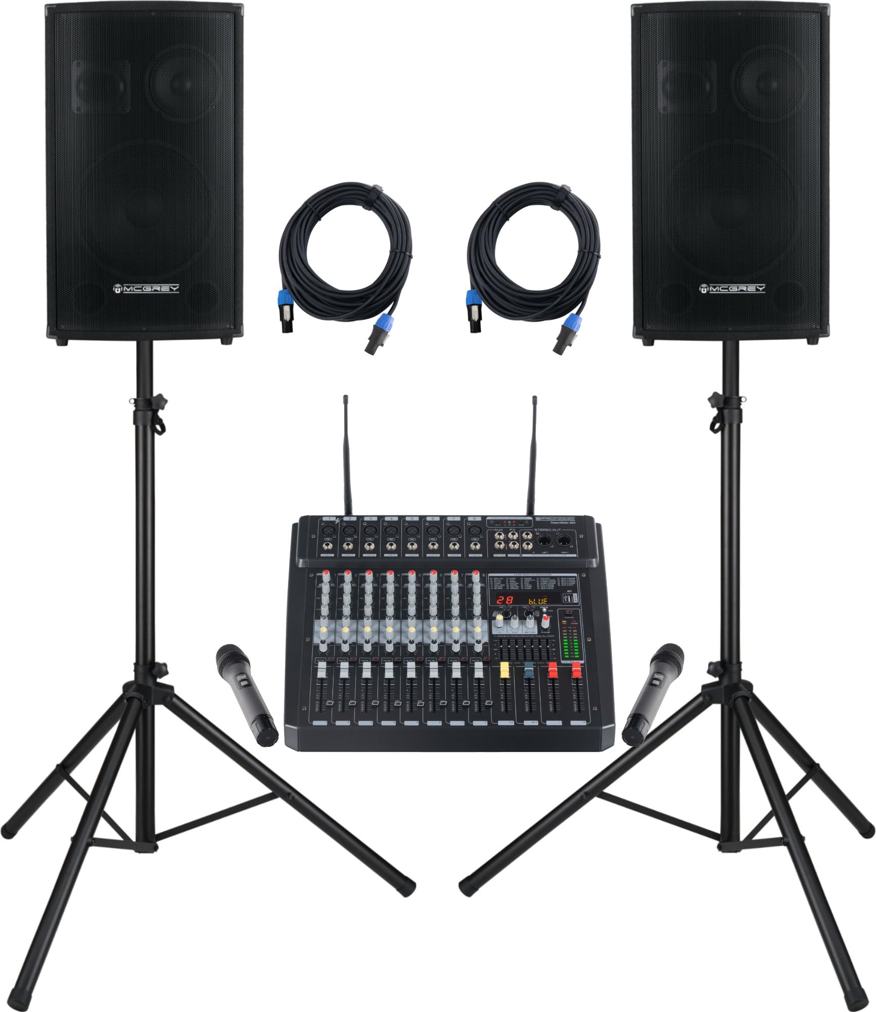 McGrey SL-12/3 PA-Komplettanlage mit Powermixer, 2 Funkmikrofonen | 3-Wege-PA-Set, 8-Kanal-Powermixer, Bluetooth und USB, 2 Funkmikrofone, Lautsprecherstative inklusive