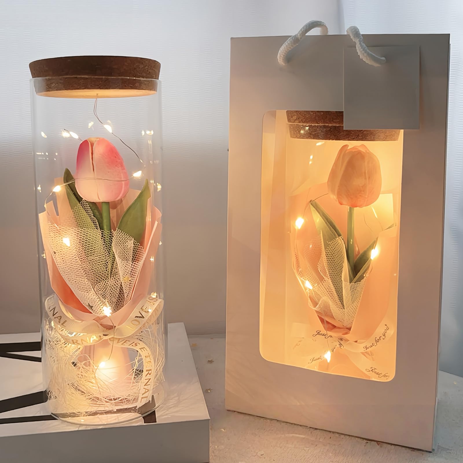 AWSOLAR Pink Tulip Light Tulip Lamp, Forever Tulips Gifts for Mother Day Anniversary Valentine