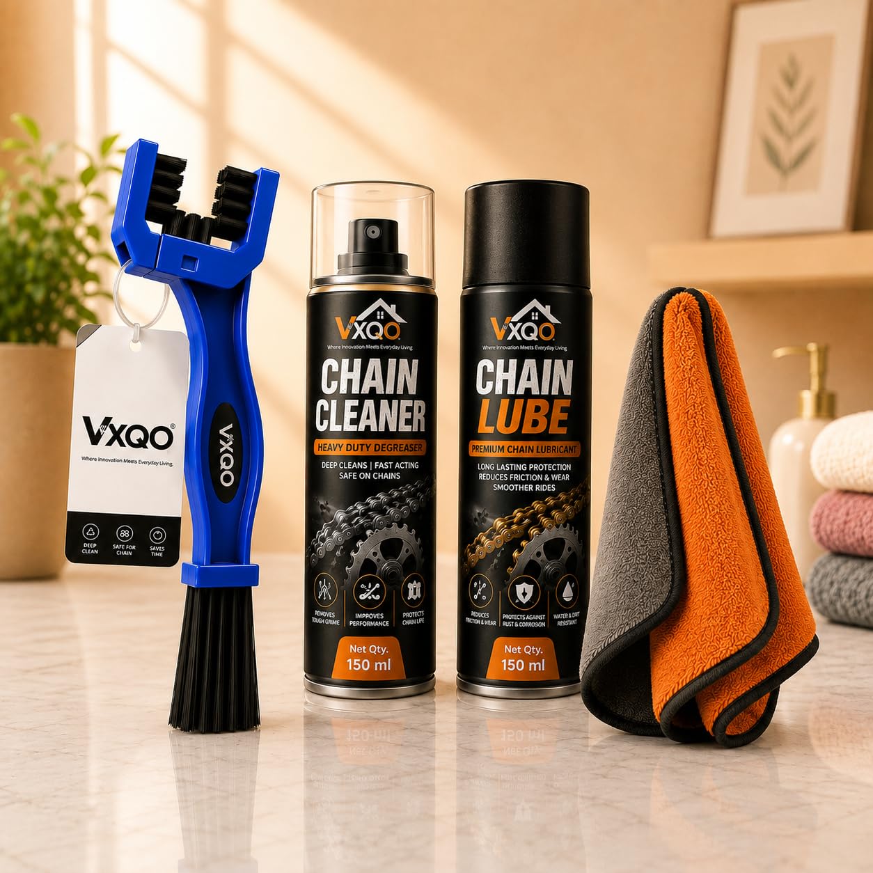 Bike Chain Cleaning Brush with Chain Cleaner & Chain Lube 150ml Each + Microfiber Duster | Complete Motorcycle Chain Cleaning Kit | Bicycle, Scooter & Cycle Cleaning Accessories-image-3