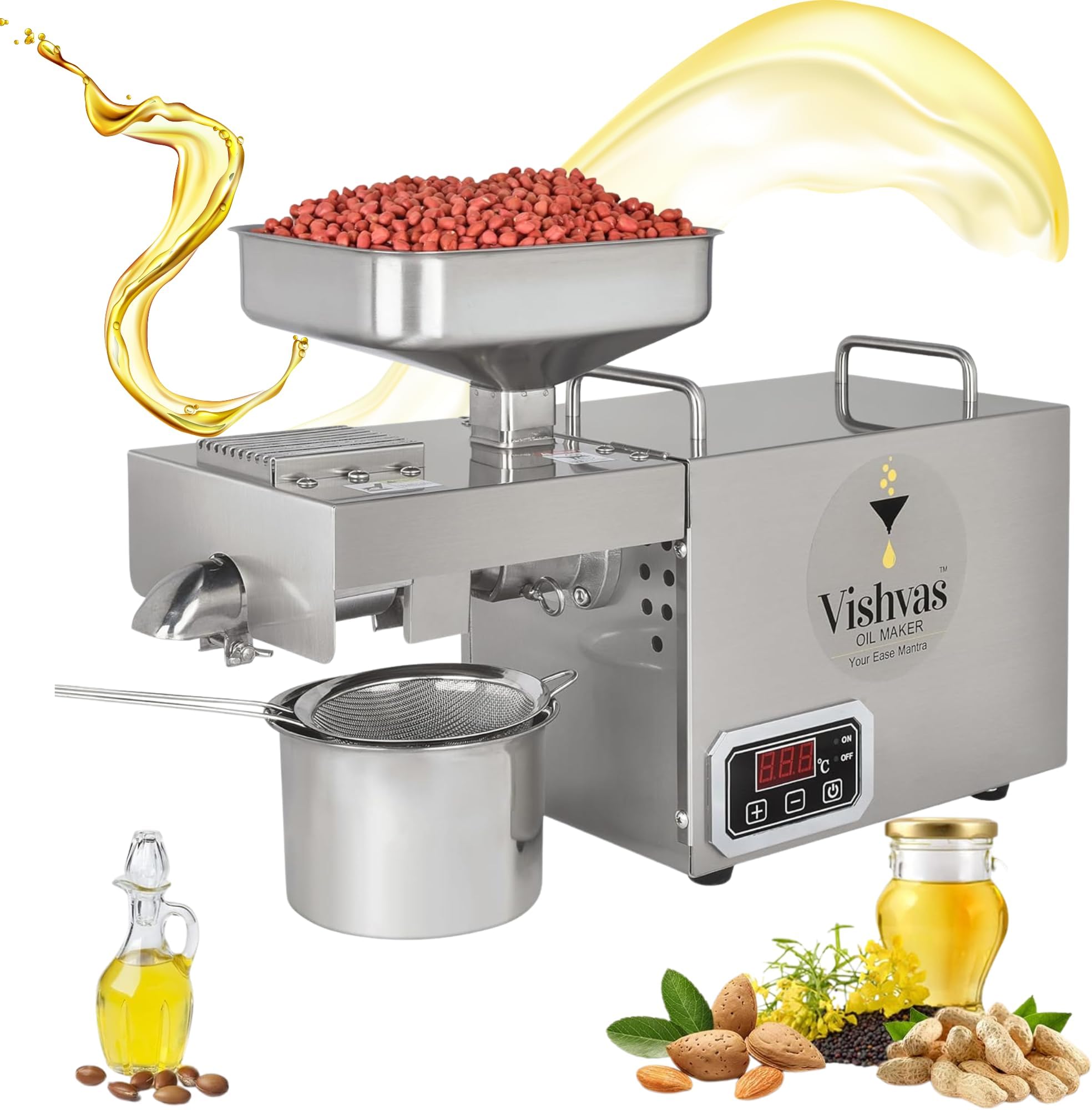 Vishvas Oil Maker Machine for Home Use VI-582TC, 600W Cold Press Oil Extraction Machine, Digital Temp Controller, Stainless Steel, Multi-Seed Capacity, Efficient Oil Extraction for Home