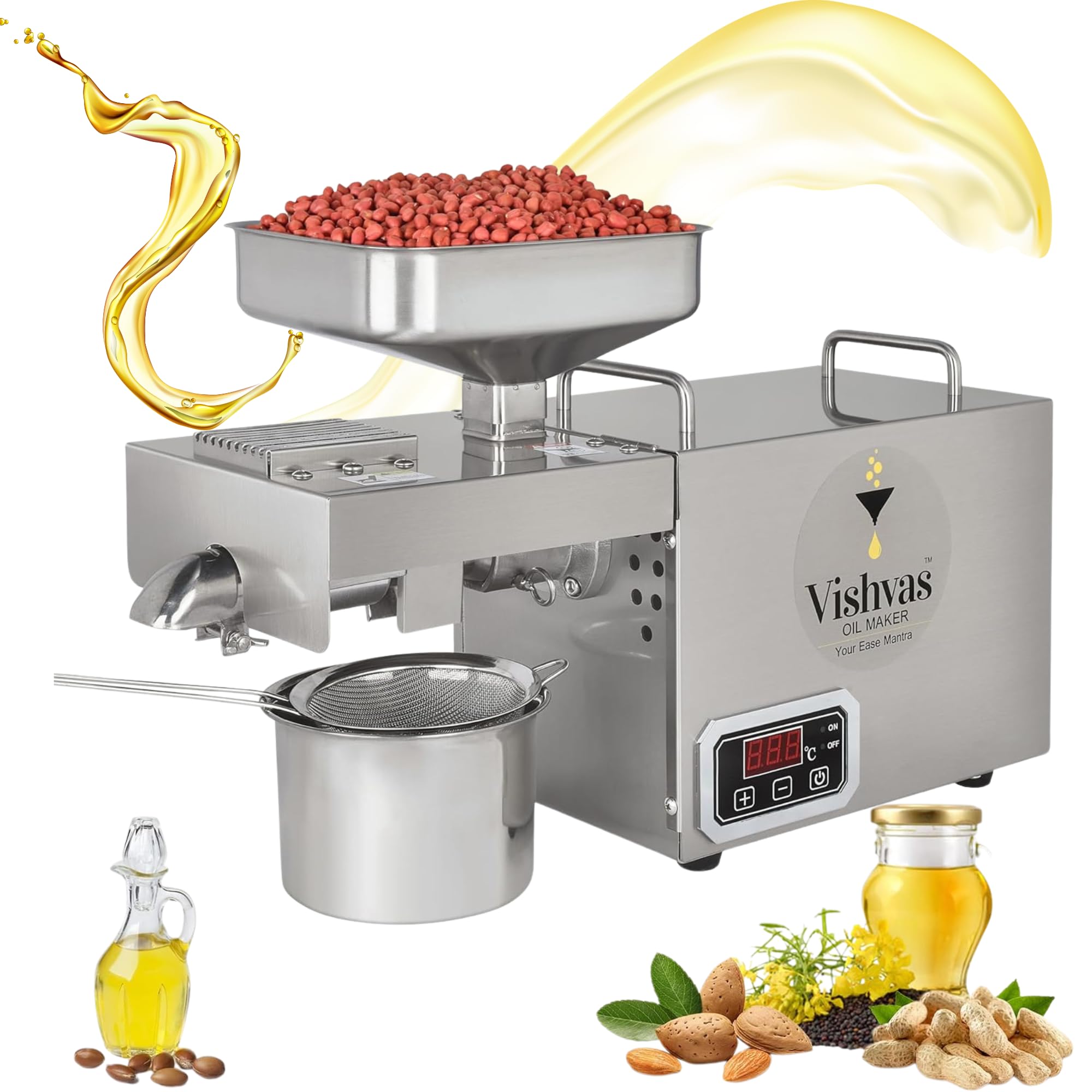 Vishvas Oil Maker Machine for Home Use VI-582TC, 600W Cold Press Oil Extraction Machine, Digital Temp Controller, Stainless Steel, Multi-Seed Capacity, Efficient Oil Extraction for Home