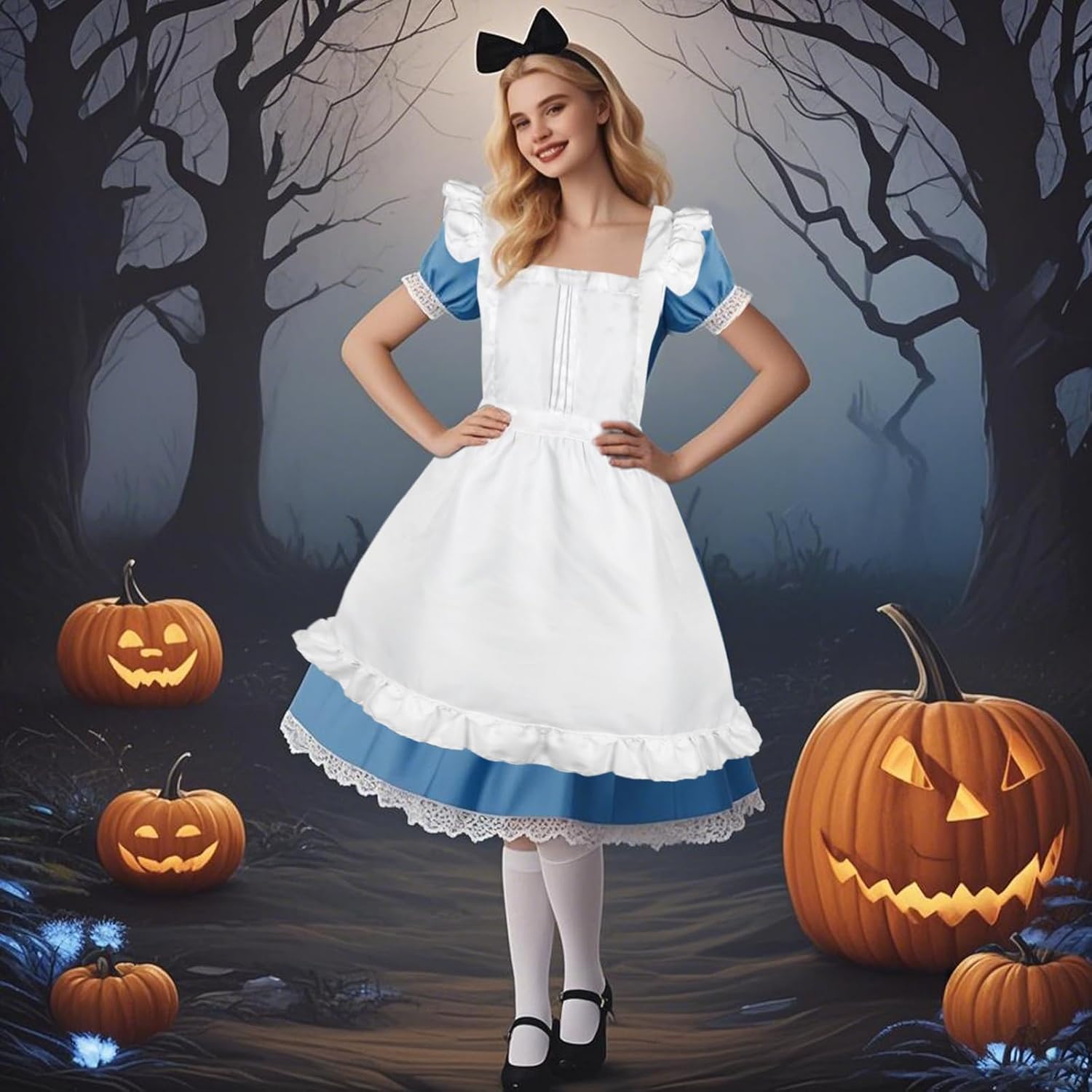 White Ruffled Apron Halloween Cosplay Costume with Black Bow Headband & Knee-High Stockings,Halloween Dress Up Costume - Image 6