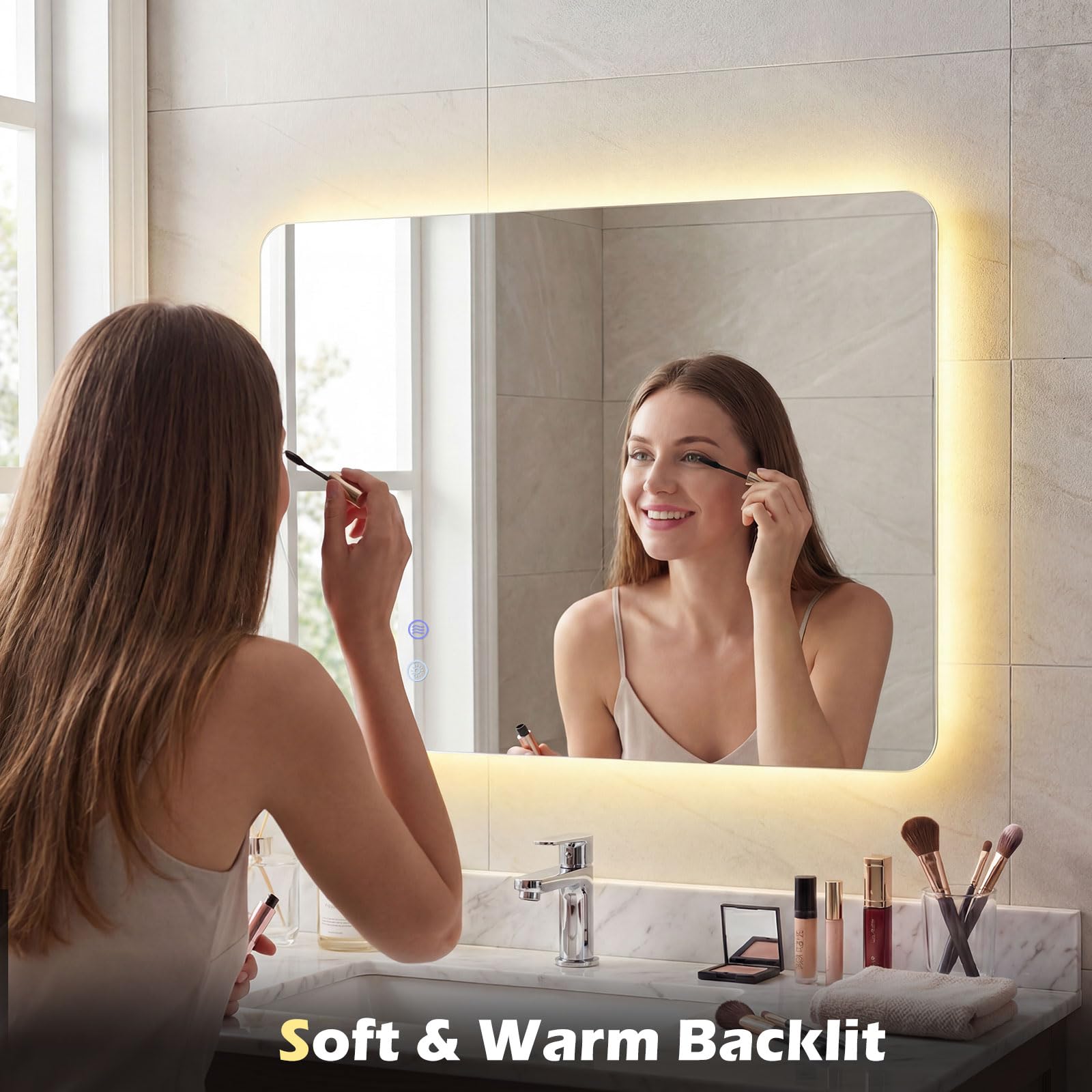 FANTASK Specchio da bagno rettangolare a LED, in vetro temperato, con controllo touch, dimmerabile, funzione anti-appannamento e memoria (70 L x 50 B)