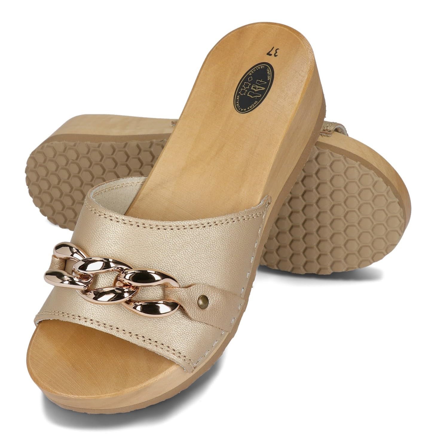 BeComfy Sabots en Bois pour Femme avec chaîne Chaussures Ouvertes en Cuir, Sabots de Jardin, Chaussons, Mules Tailles 36-41 EU