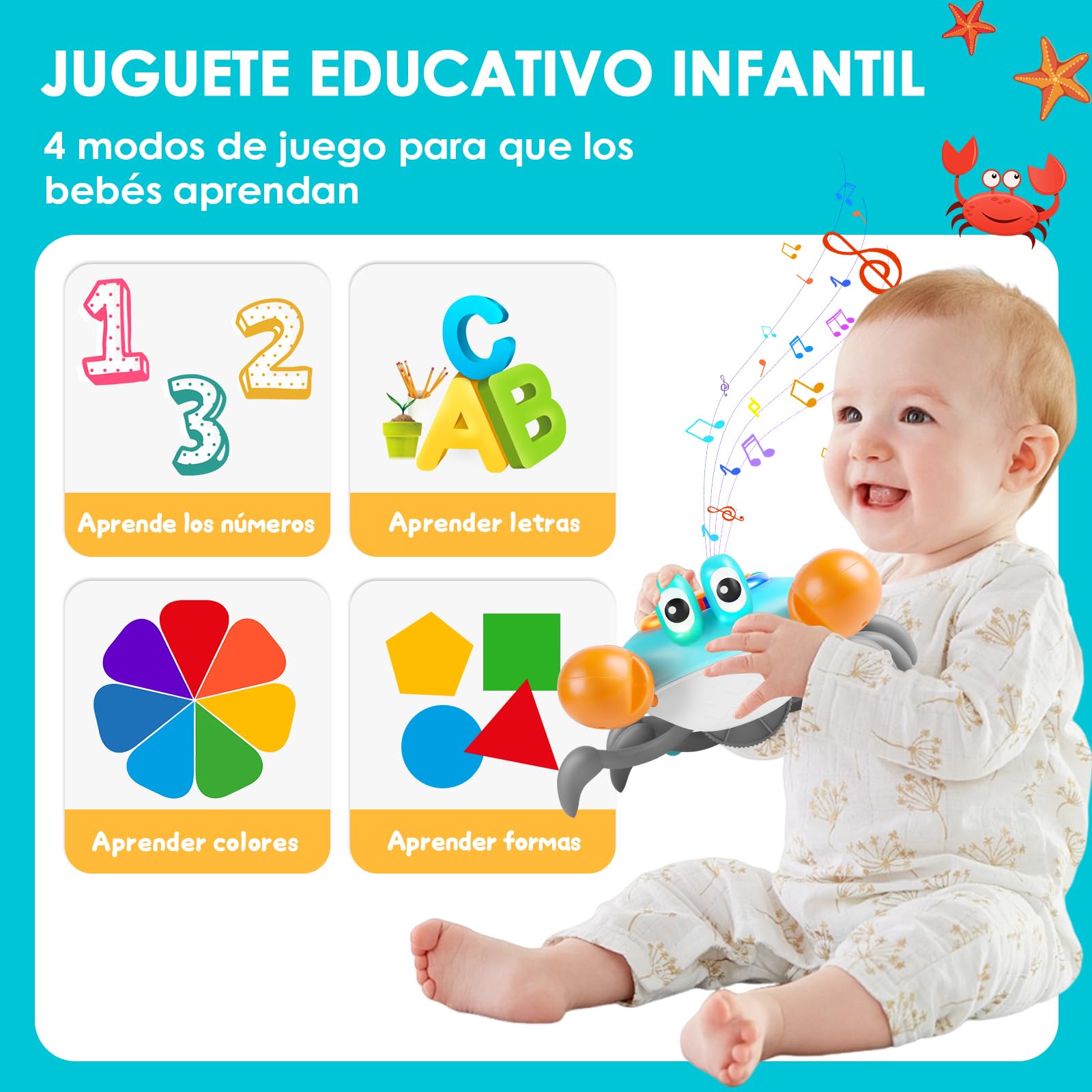 Aragallant Cangrejo bebé juguete, cangrejo electrónico para gatear a partir de 3, 4, 5, 6, 7 años, juguete sensorial para gatear con música y evitar obstáculos, Tummy Time Toys regalos para niños y