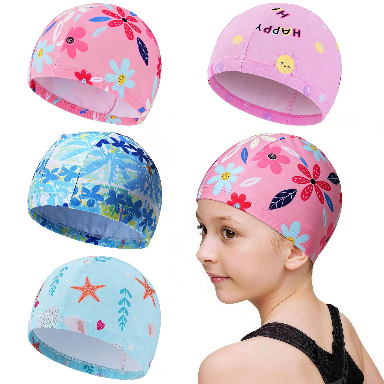 Gorro Natación Niños Niñas 1-8 Años Unisex Infantil Tejido Elástico Suave Resistente Protege Cabello Orejas Agua Pack 4