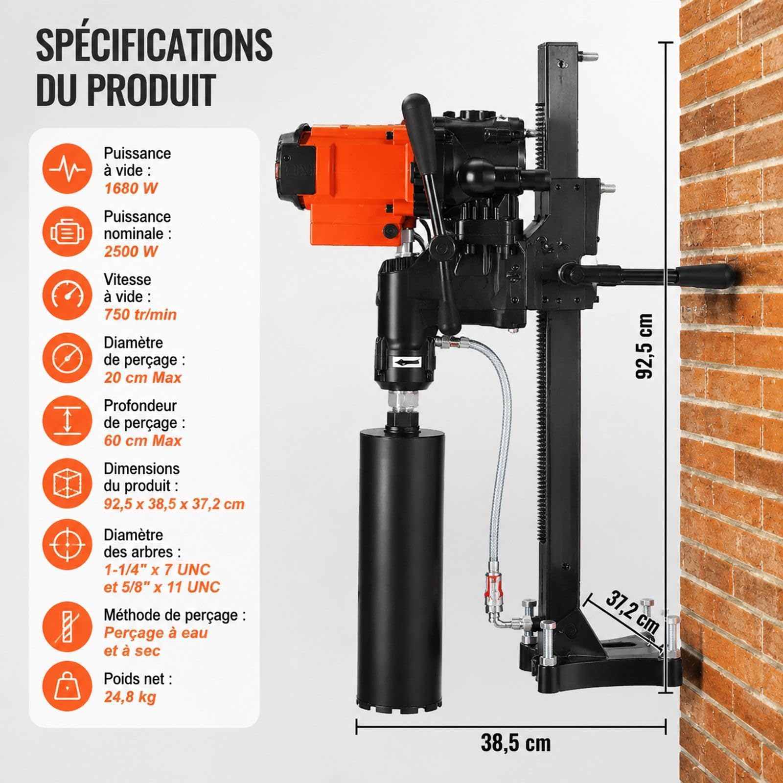 Carotteuse diamant avec support, moteur 2500 W, perçage humide et sec pour béton armé, marbre et travaux de construction