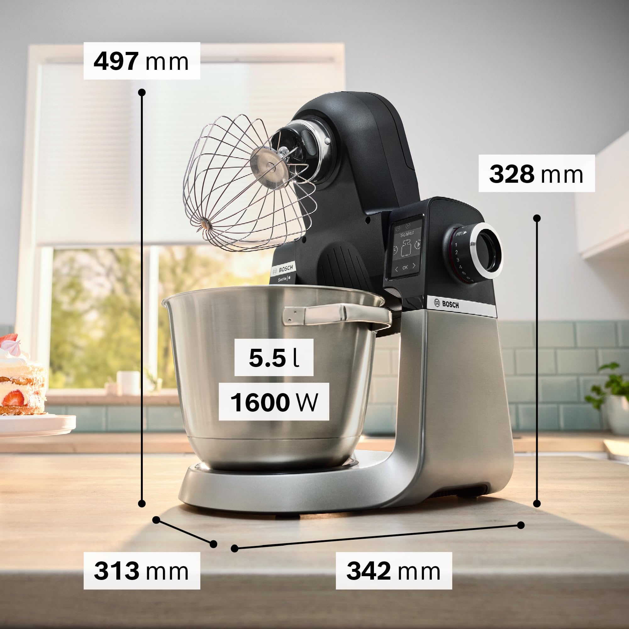 Bosch Küchenmaschine Serie 6, 7 Automatikprogramme, integr. Waage, 5,5l Schüssel, Durchlaufschnitzler, Scheiben, Knethaken/Rührbesen/Silikonbesen, spülmaschinenfest, 1600 W, silber/schwarz, MUMS6ZS13D