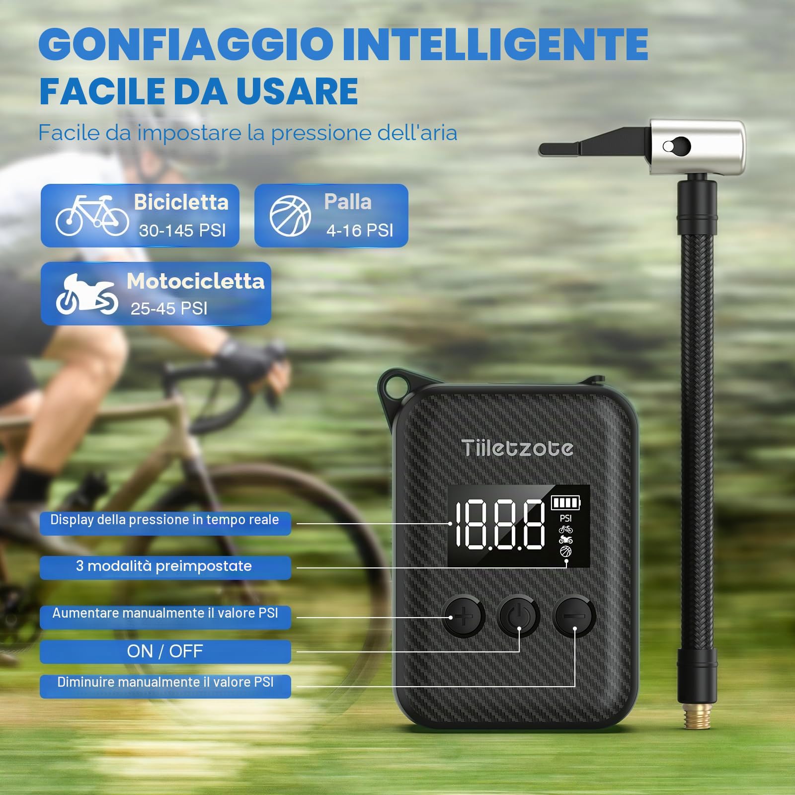 Mini pompa elettrica Bike Pump ricaricabile per bicicletta, 130 PSI, portatile con manometro, spegnimento automatico, adatta per mountain bike, bici da strada e city bike