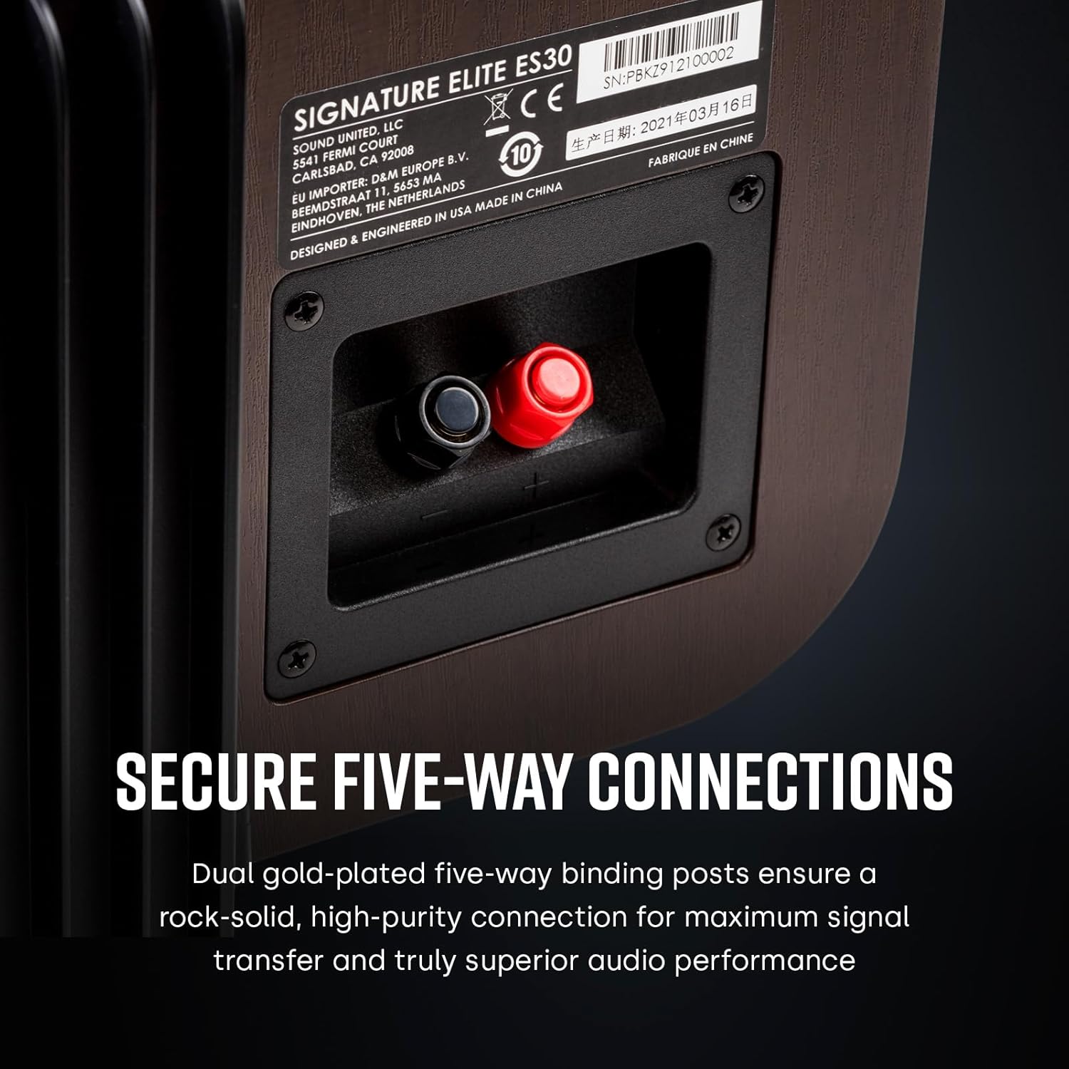 Арткы view of the Polk Signature Elite ES30 speaker showing the gold-plated five-way binding posts for speaker wire connections.