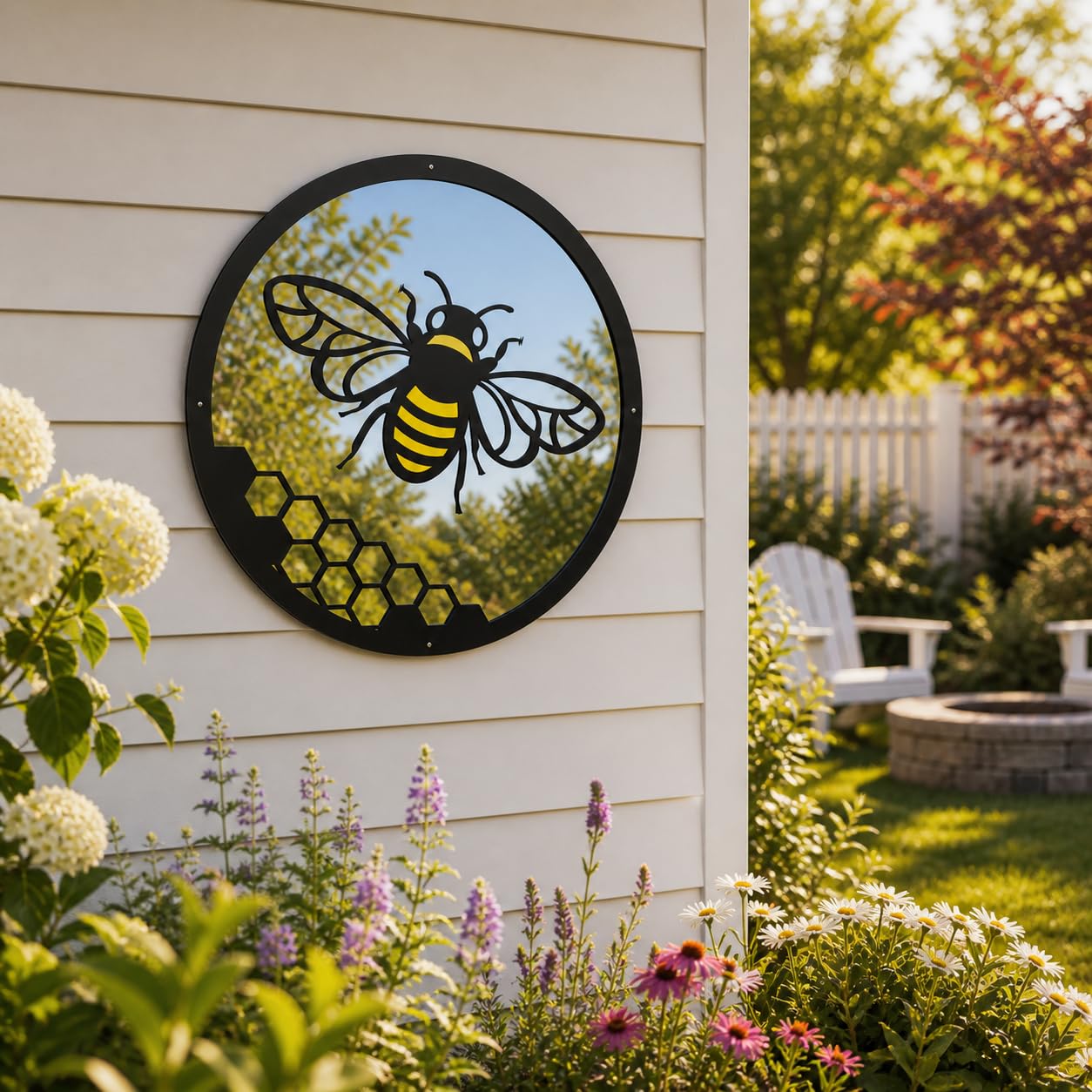 Sun Catcher Garden Decor Yellow Bee Garden Mirror Range of Sizes Round Outside Rust Resistant Acrylic Fixings Included Gift (42cm / 16.5 inch)