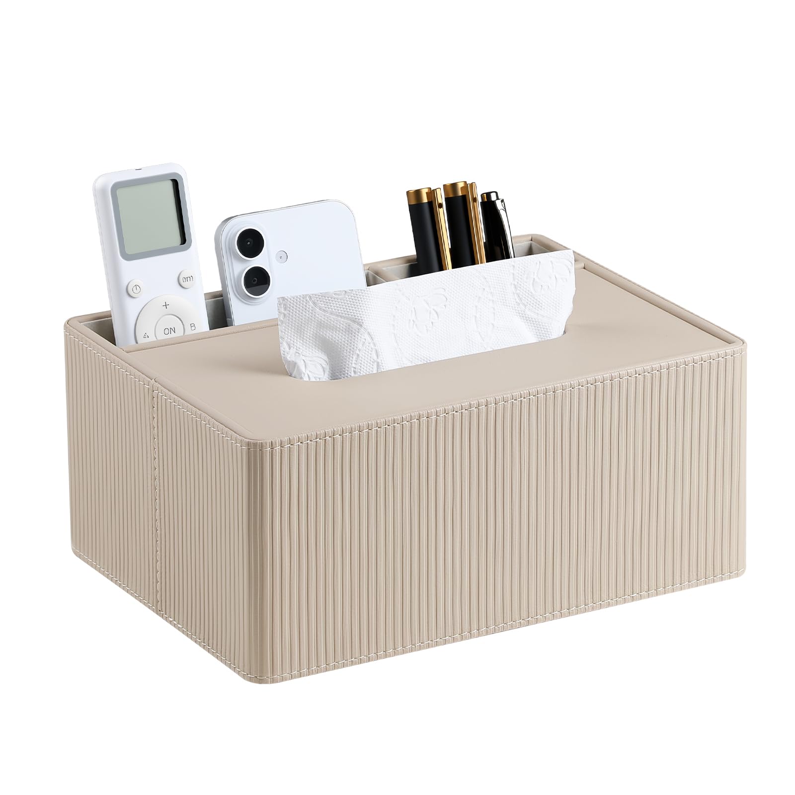 Tissue Box Cover Rectangle with 2 Compartments Remote Holder, PU Leather Tissue Box Holder Rectangle for Livingroom NightStand, Tissue Holder for 120(3-Ply)/160(2-Ply) Tissue Box (Beige)