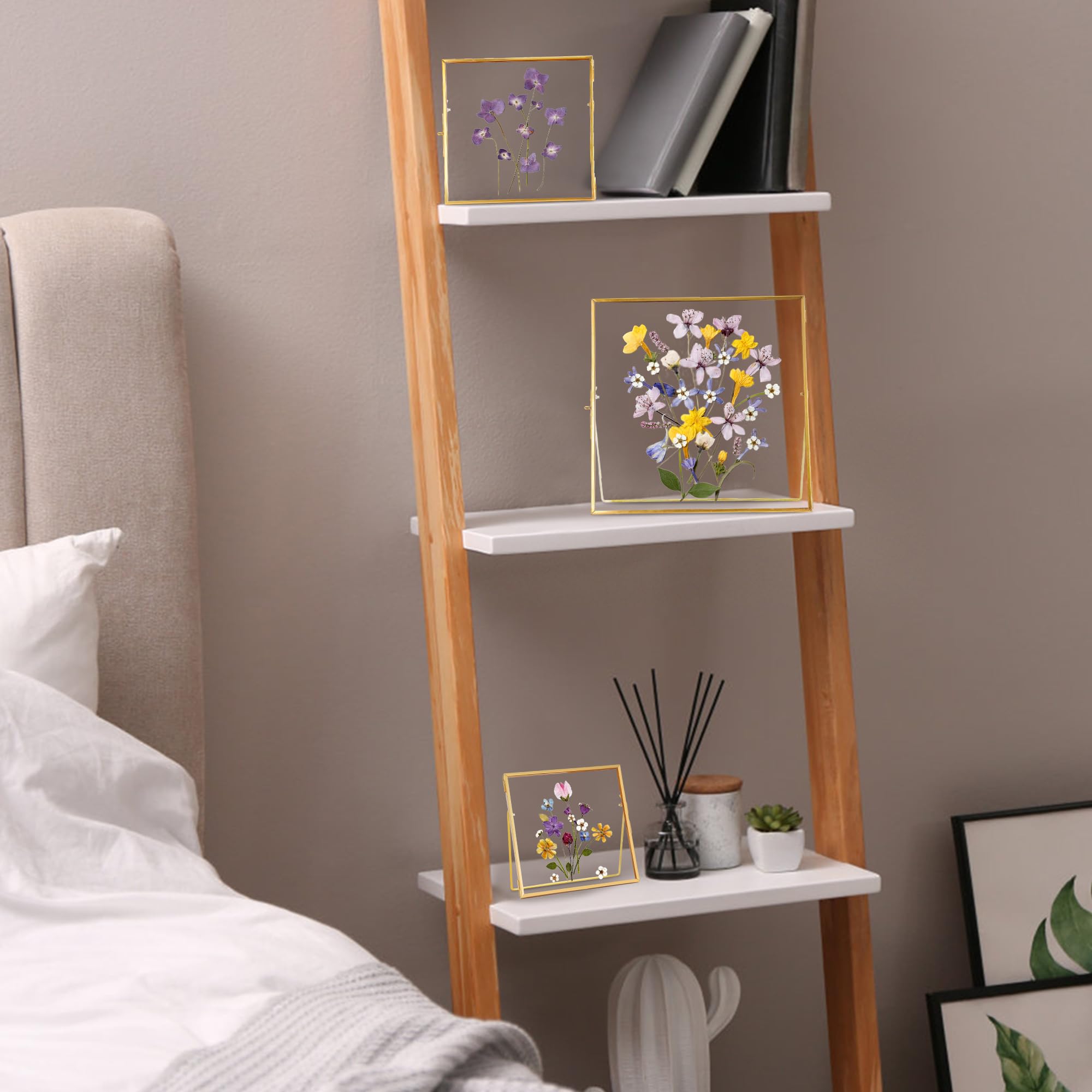 REDHUGO Glasrahmen für gepresste Blumen, handgefertigt, Doppelglasrahmen, Tischrahmen, Blumenpress-Fotorahmen, schlichter Metallrahmen mit geometrischem Design, schwebender Glas-Bilderrahmen | Handgefertigter Tisch-Bilderrahmen für schwebende Bilder und B