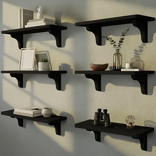 Willowy Real Wood Black Wall Shelves for Bedroom - 17 inch (6 Pack) - Easy to Install, Template and Video Included - Shelves for Wall, Black Mounted Shelves for Bathroom Wall - Black - Wood Bracket - 6 Pack