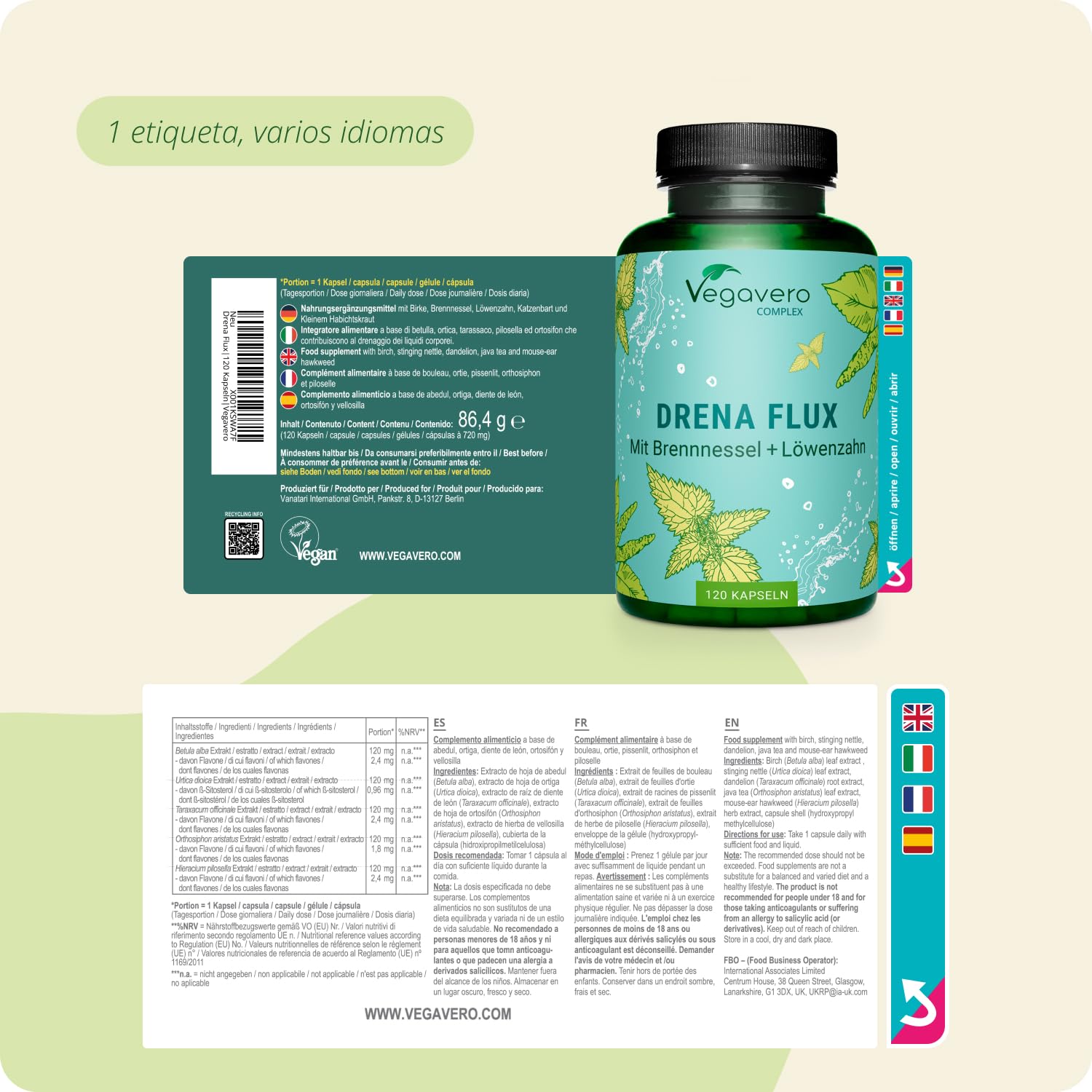 Vegavero DIURETICO POTENTE | Retención de Líquidos + Drenante | 4 MESES | Diente de León + Ortiga Verde + Ortosifon | Altamente Concentrado | DETOX Depurativo | Sin Aditivos & Vegano