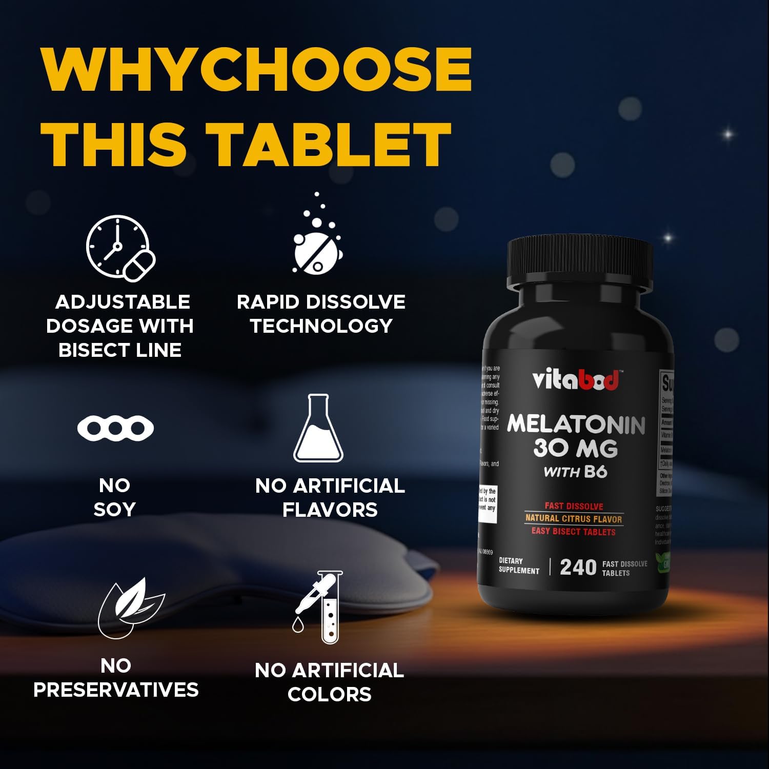 Melatonin 30 mg with Vitamin B6 – 240 Fast Dissolve Tablets High-Potency Sleep Support – Drug-Free, Natural Citrus Flavor – Vegetarian, Non-GMO, Gluten-Free - Image 4