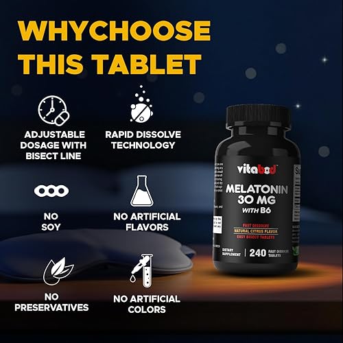 Miniatura 4 de Melatonina 30 mg con tabletas de disolución rápida B6-240 - Sin drogas - Sabor cítrico natural - Vegetariano, sin OMG, sin gluten