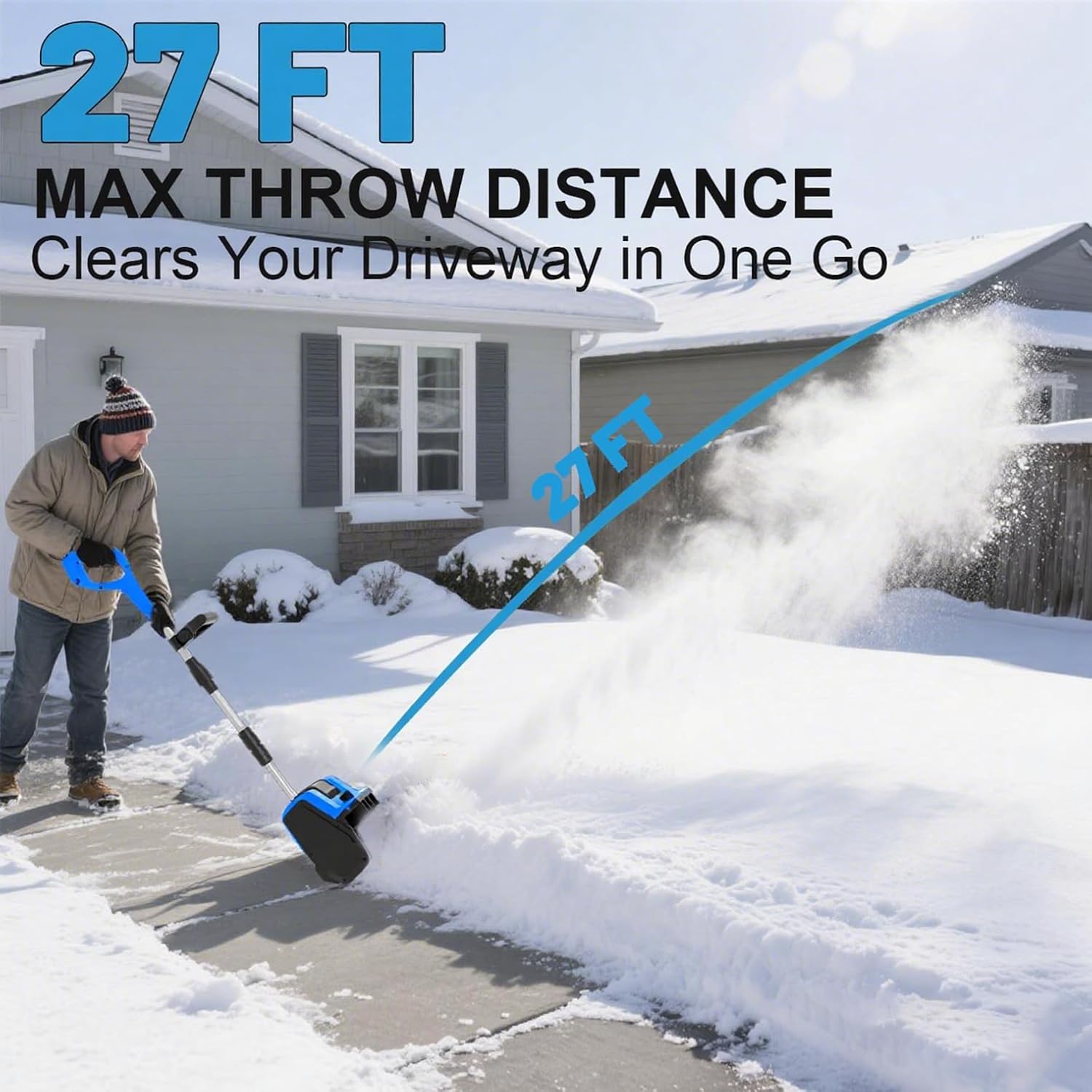 Cordless Snow Shovel, 21V Cordless Electric Snow Blower with Battery and Charger, 19FT Throw Distance, Lightweight 9.9lb for Driveway, Sidewalk, Steps, Patio(Blue)