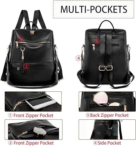 Miniatura 5 de Kabanmate Bolso tipo mochila para mujer, bolso de hombro convertible de piel sintética a la moda para mujer, Negro -, Mochilas Daypack