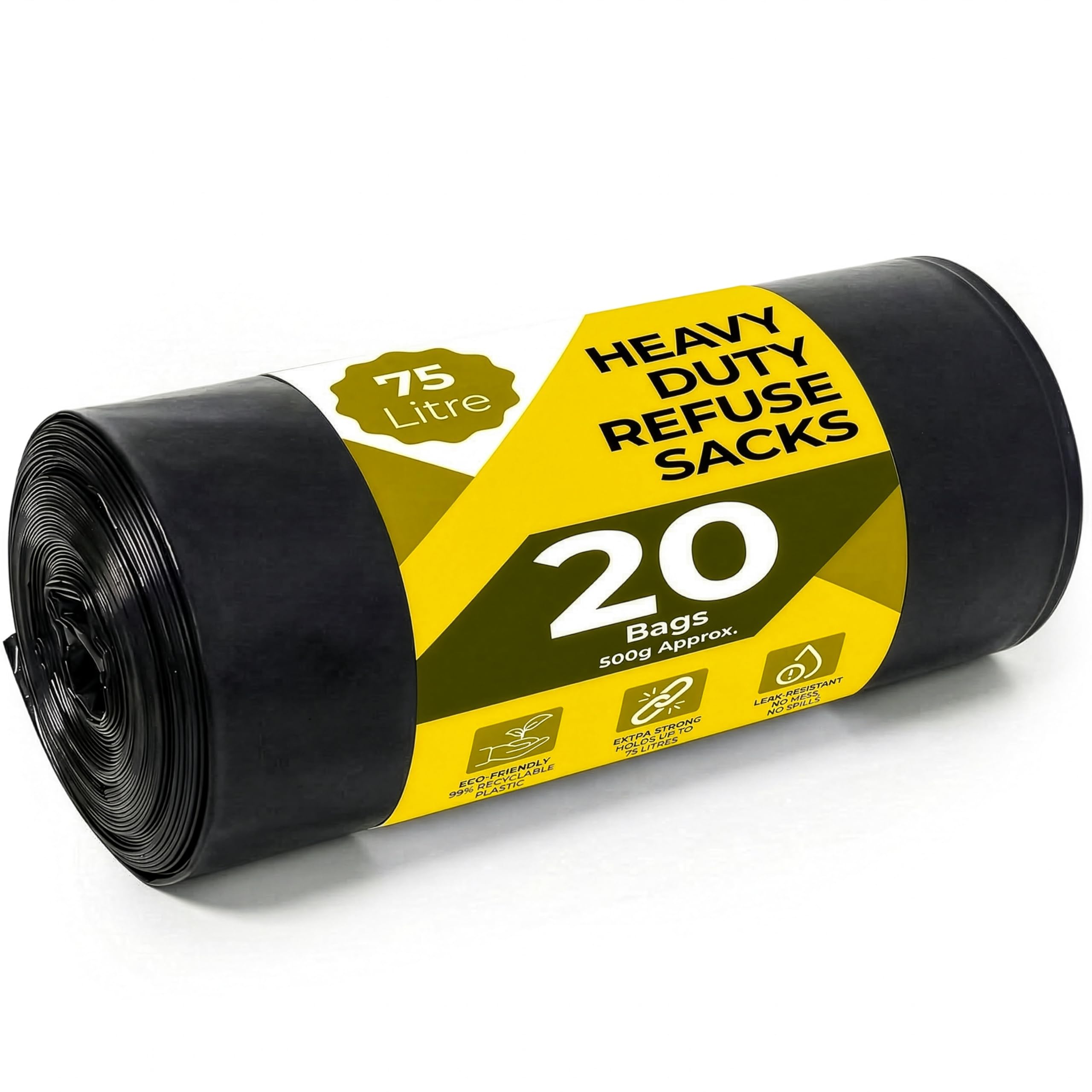 Roe Tenpo 20 Pack Black Bin Bags 75L, 30 Microns – Leak-Proof, Strong Plastic Bin Liners – Refuse Sacks Ideal for Kitchen, Home, DIY & Garden, Household, Office & Catering