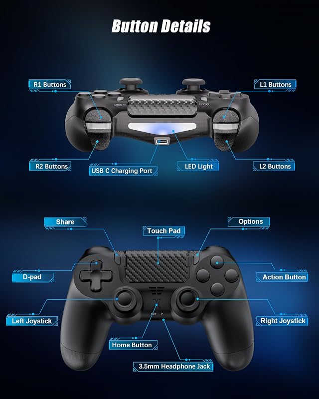 RUIZHI Wireless PS4 Kontroller - Playstation 4 Gamepad PC Kompatibilis Turbo Vibráció Gyro Szenzorokkal