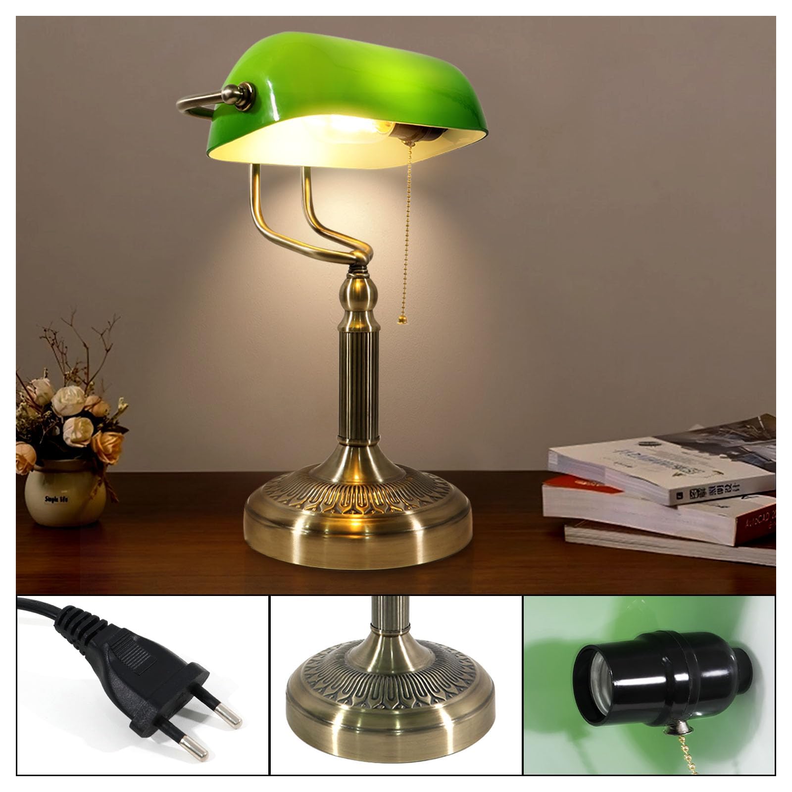 Grüne Banker-Tischlampe aus Glas – Klassische Retro-Tischlampe mit Stecker und Bronzesockel, Zugkettenschalter, geeignet für Büro, Bibliothek, Arbeitszimmer, Homeoffice, Schlafzimmer