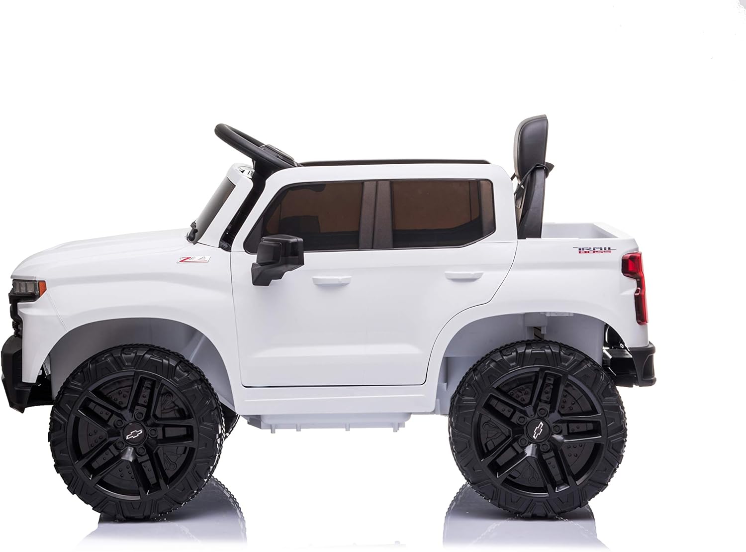 Kids Ride On Truck — 12V Ride On Car with Remote Control — Pick-up Electric Truck Vehicle with Parental Remote, Open Doors, Seat Belt, MP3 Music, Trunk — Americas Toys Compatible with Chevrolet White : Toys & Games