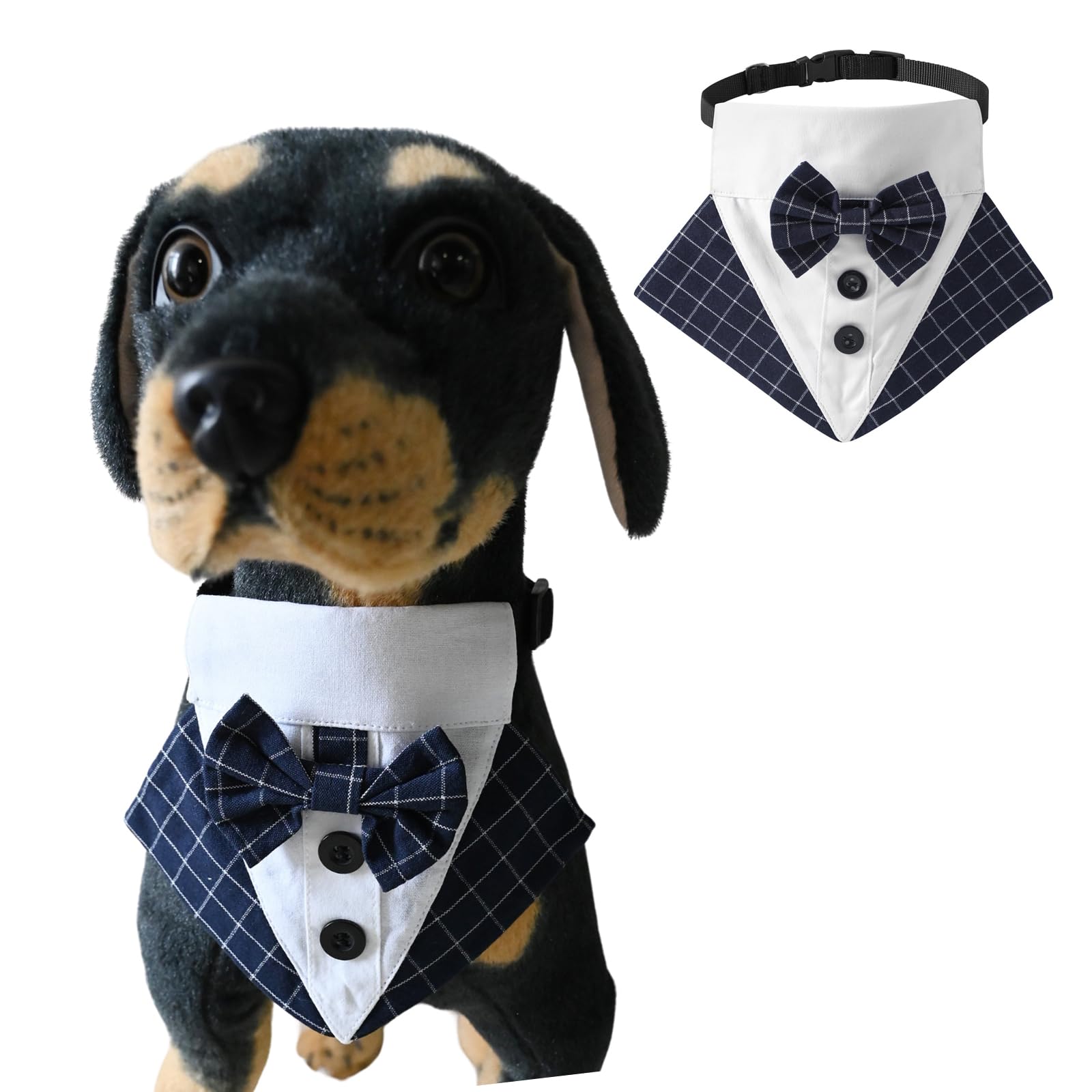 Dog Tuxedo Bandana,Formal Pet Bow Tie Bib Adjustable Quick Release Buckle Triangular Scarf Dog Birthday Party Valentines Bowtie Scarf Party Tux_M(Navy Blue Plaid)