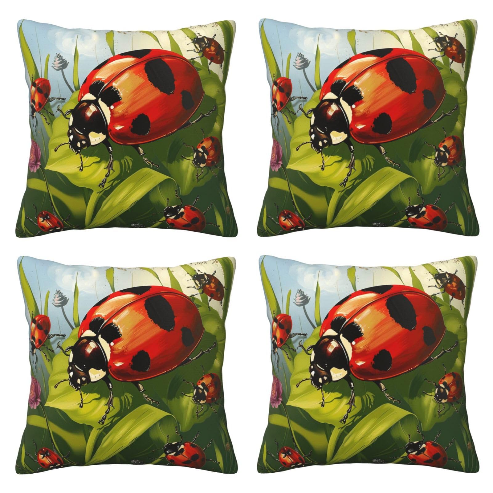 Ladybug Throw Pillow Cases 4 Pack Square Pillowcases Super Soft Pillow Protectors With Zipper for Couch Livingroom Sofa Bed Office Car,40x40 CM
