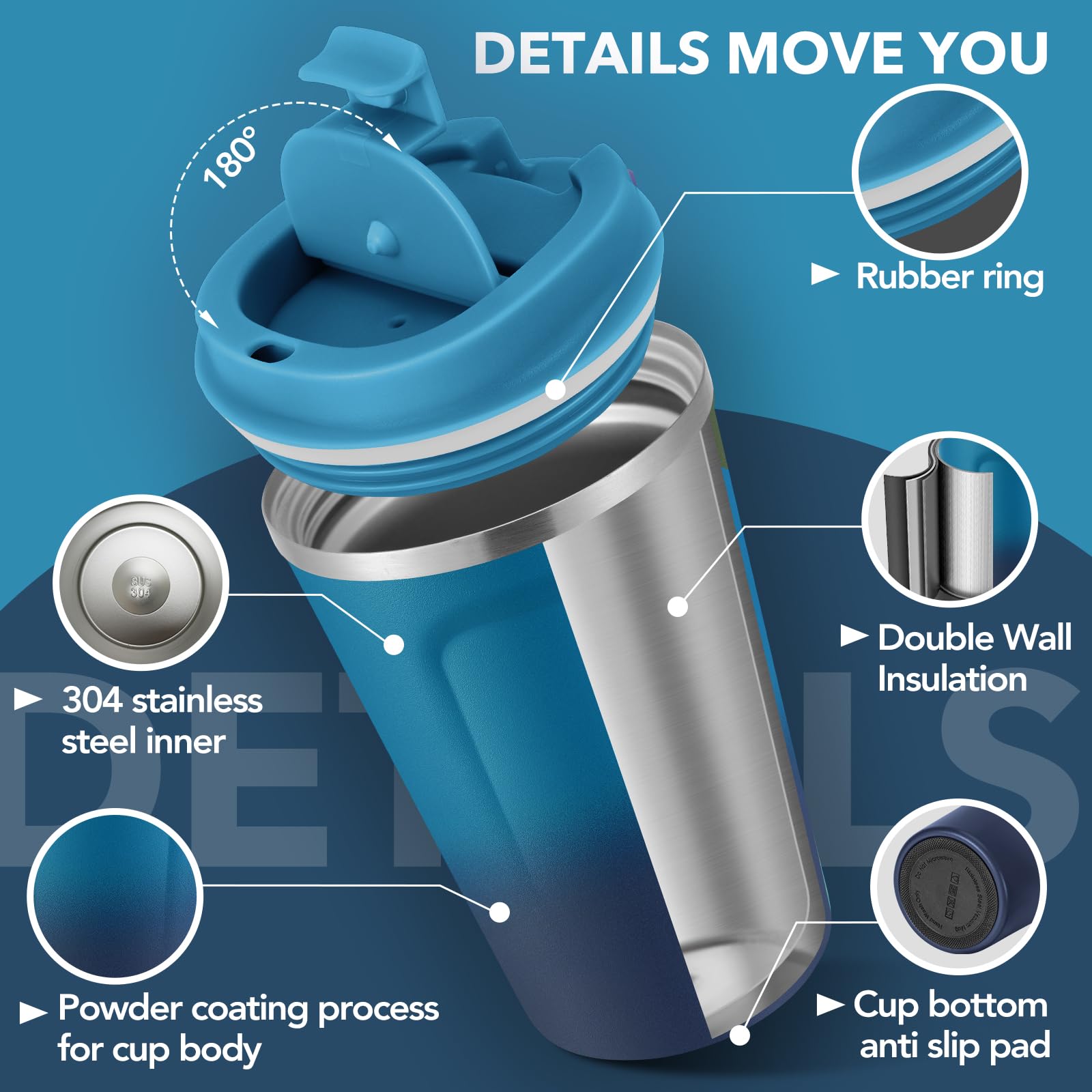 Volhoply 340ml 12oz Double Wall Insulated Vacuum Travel Coffee Mugs with Flip Lid Bulk 2 Pack,Reusable Stainless Steel Leak Proof Coffee Cup,Cafe Thermal Tumbler for Hot & Cold Drinks(Mix,2 Set) - Image 4
