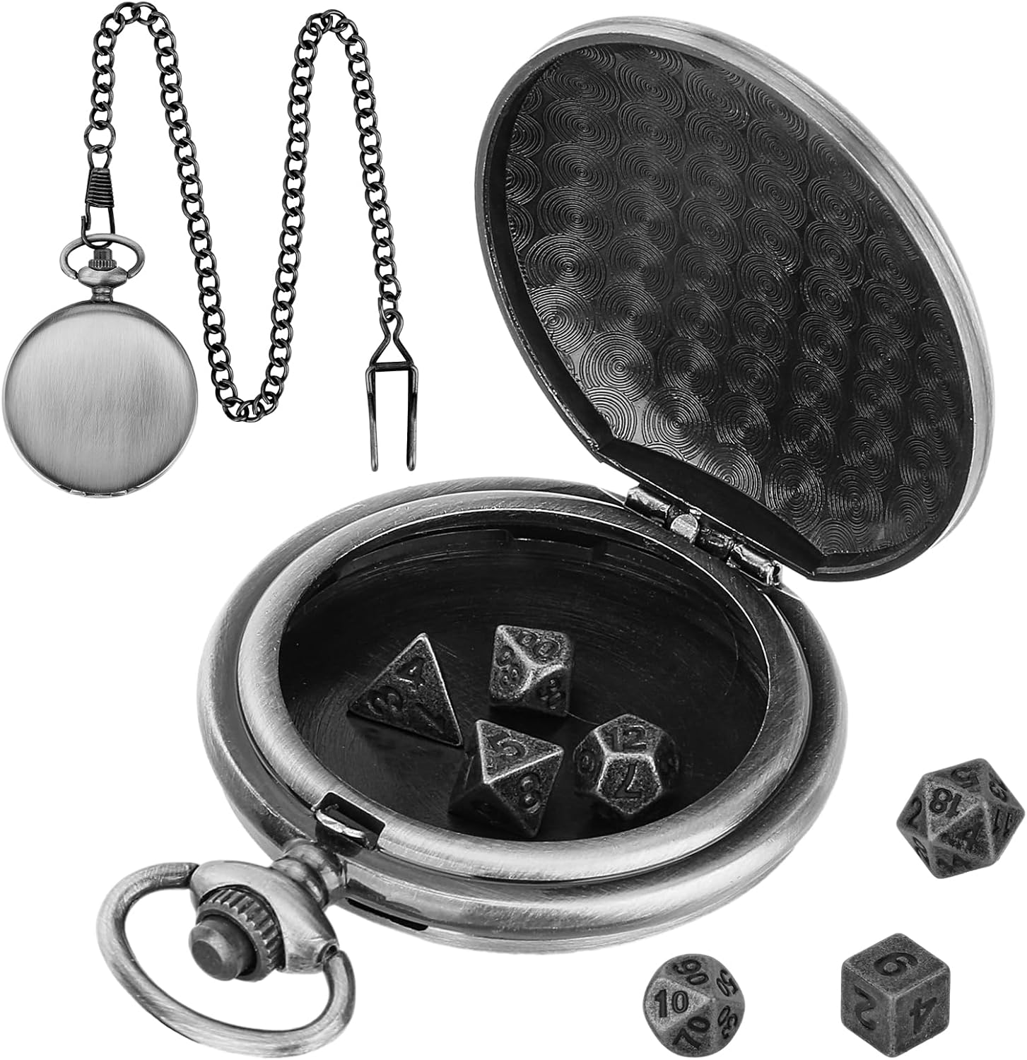 Mini DND Dice Set with Smooth Pocket Watch Shell Case, 7pcs Polyhedral Metal D&D Dice Accessories, DND Gifts with Box for Player, Role Playing Board Games Accessories, DND Gifts, Dark Silver