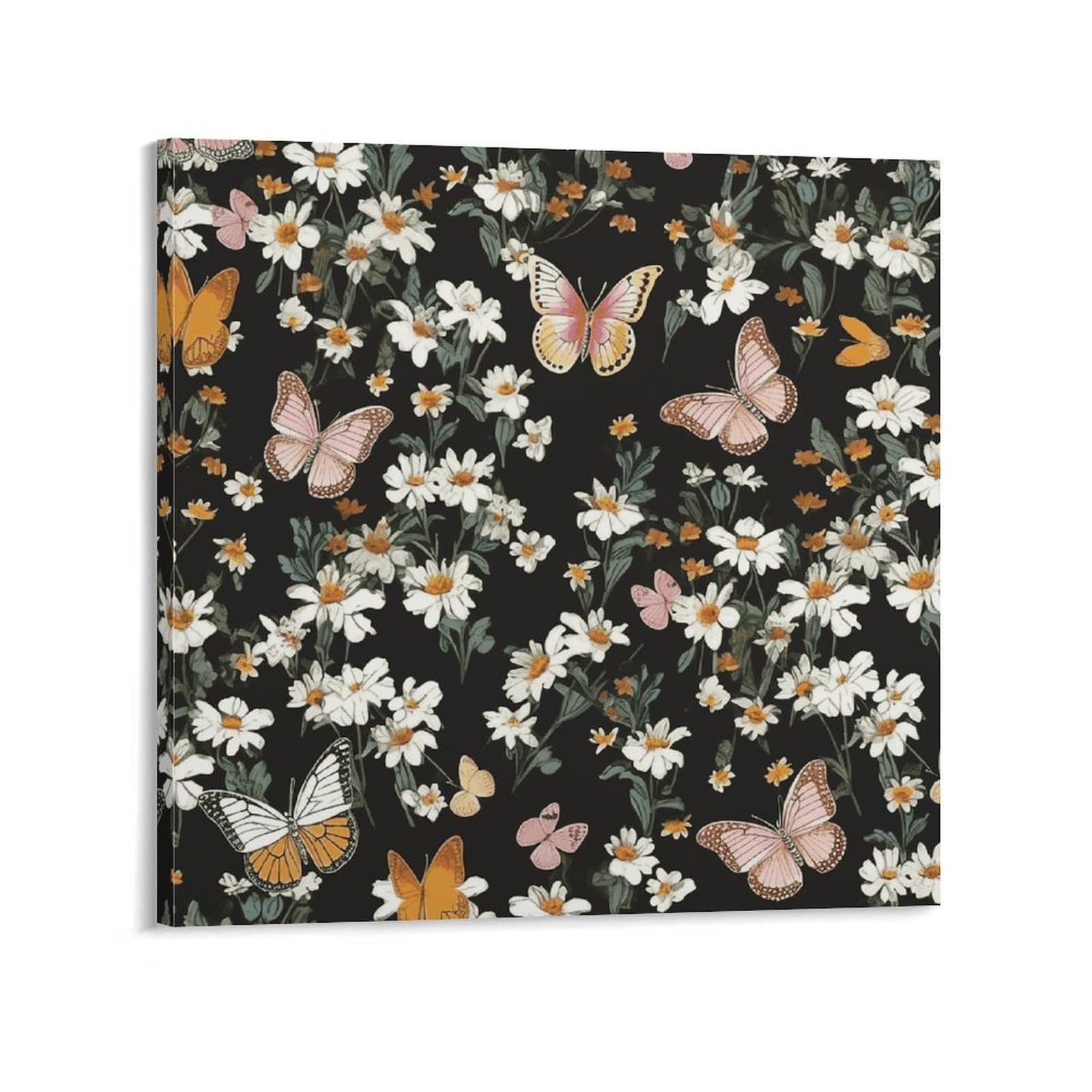 Various Butterflies And Daisies Canvas Wall Art for Bedroom 16x16inch(40x40cm) Canvas Prints Artwork for Walls Modern Picture Artwork Painting for Living Room Aesthetic Wall Paintings for Bathroom Kit
