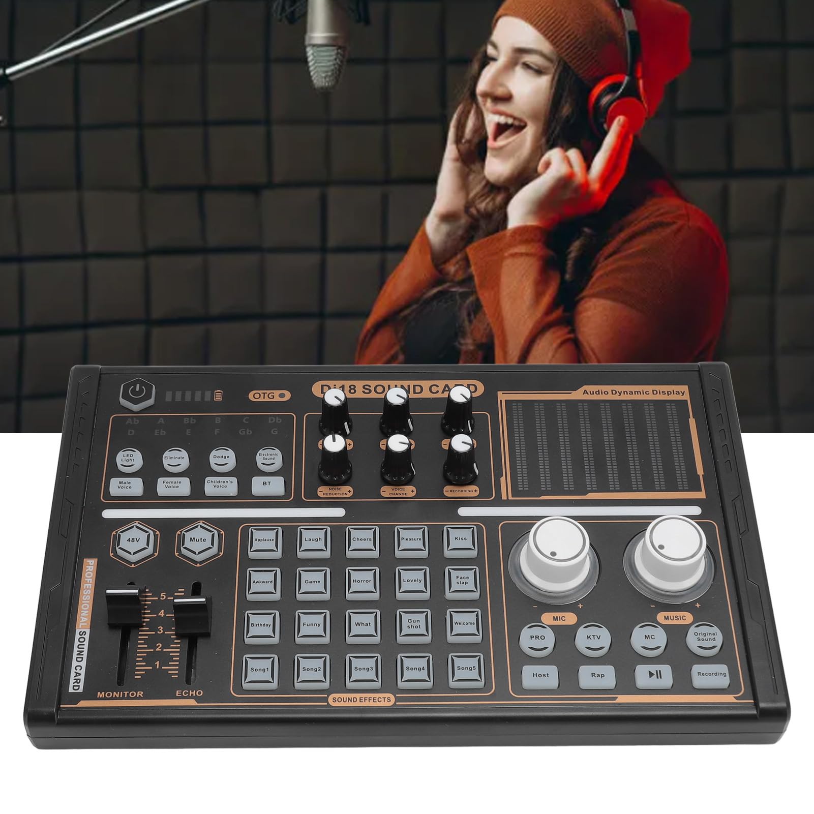 Fockety Professioneller Audiomixer, Live-Soundkarte und Audio-Interface mit Soundeffekten und Sprachwechsler, 48-V-Phantomspeisung-Bluetooth-Soundboard für Podcast-Aufnahmen,Live-Streaming